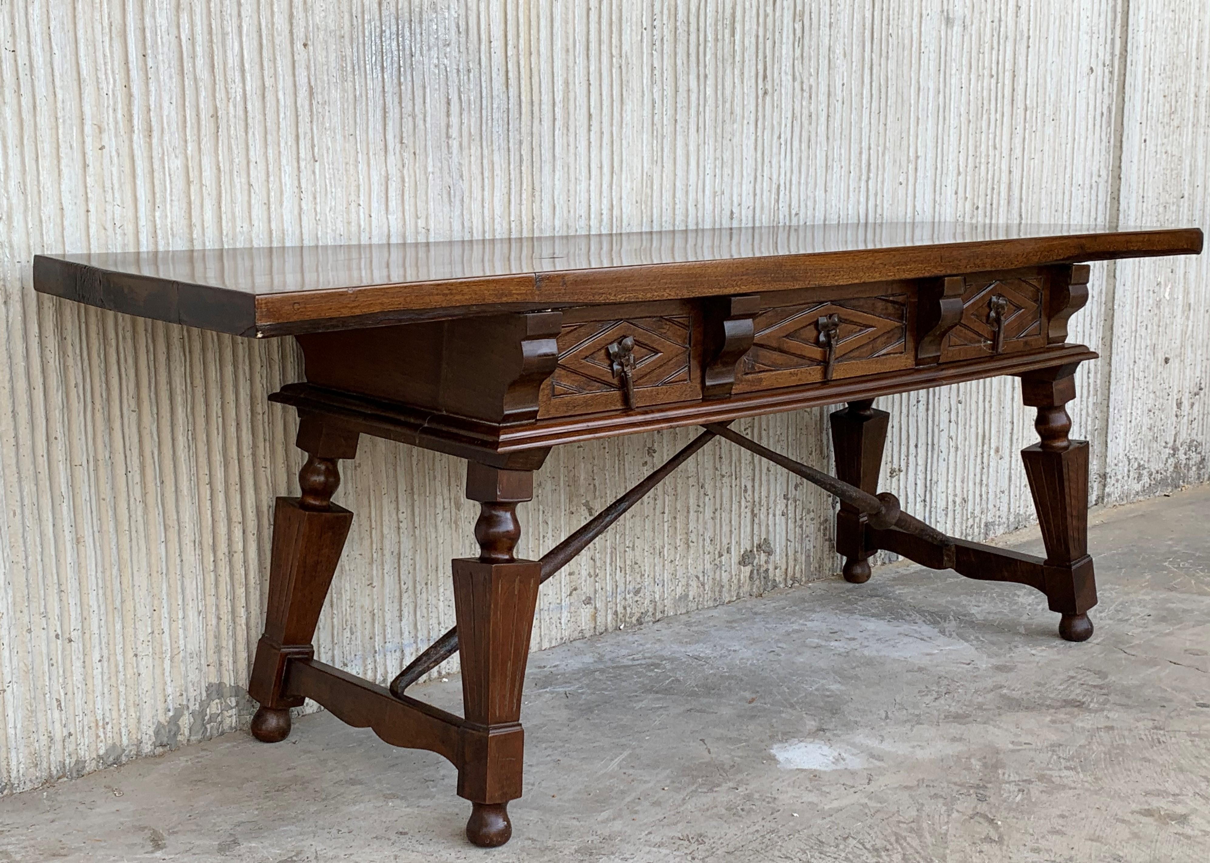 Baroque Spanish Bench or Low Console Table with Carved Drawers and Iron Stretcher