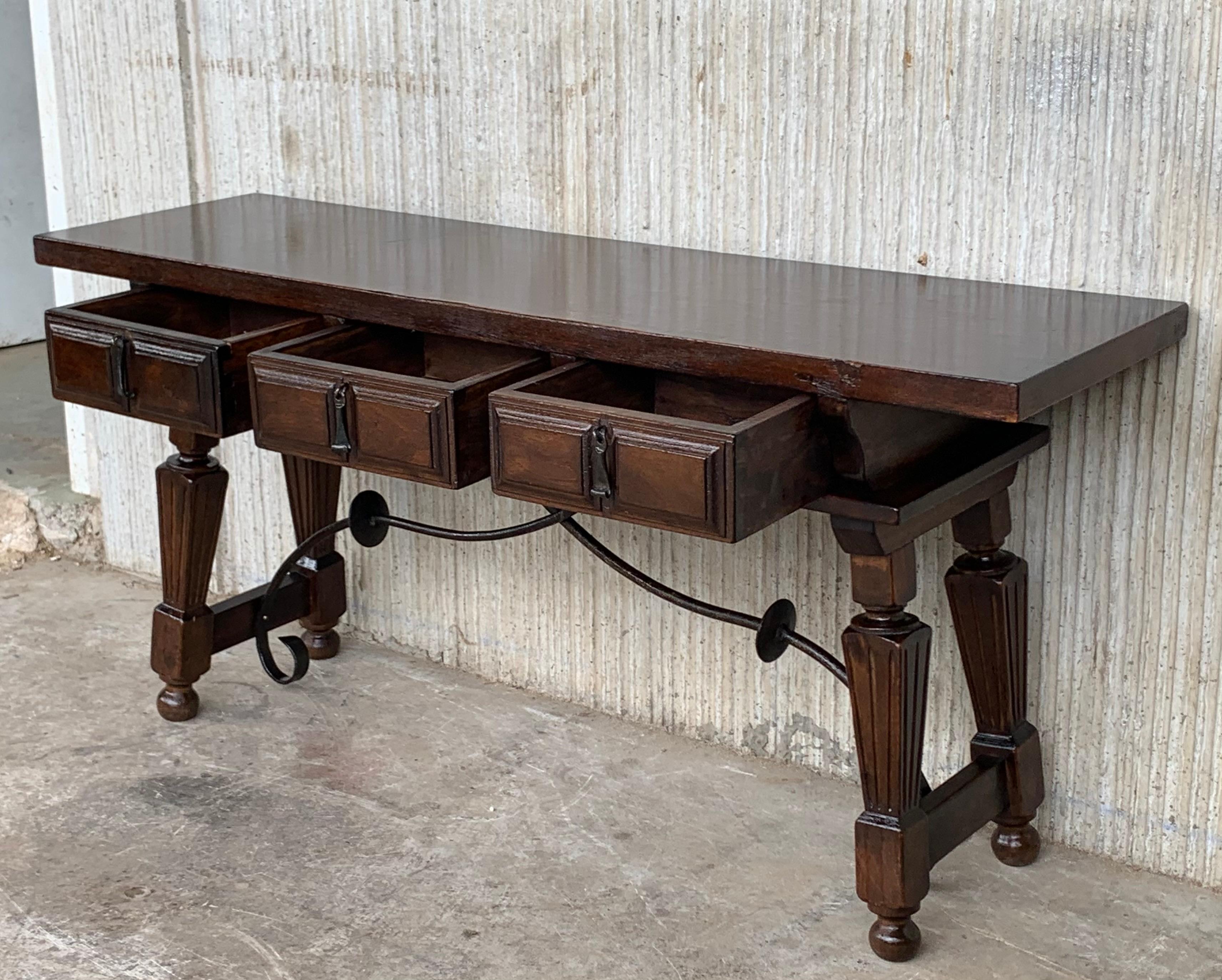 19th Century Spanish Bench or Low Console Table with Carved Drawers and Iron Stretcher