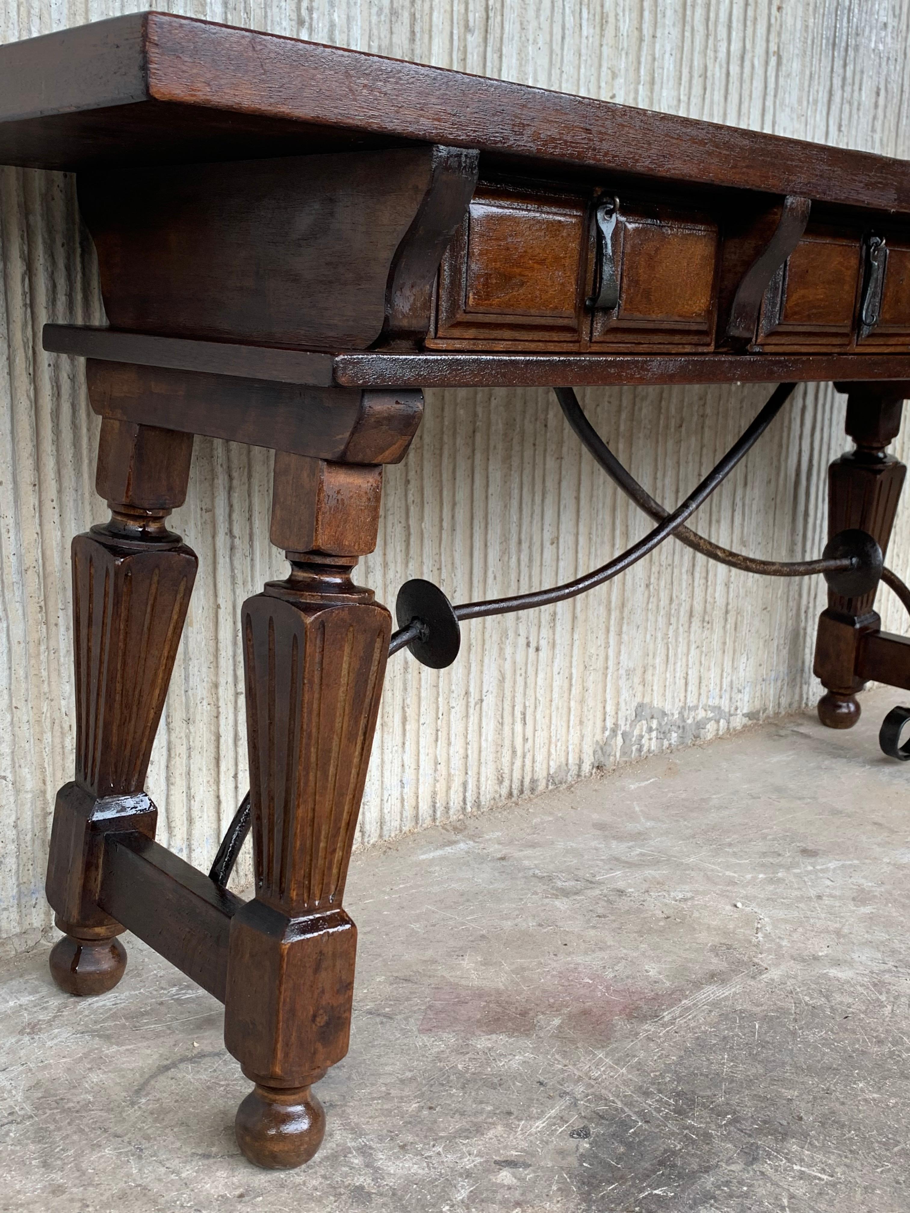Spanish Bench or Low Console Table with Carved Drawers and Iron Stretcher 1