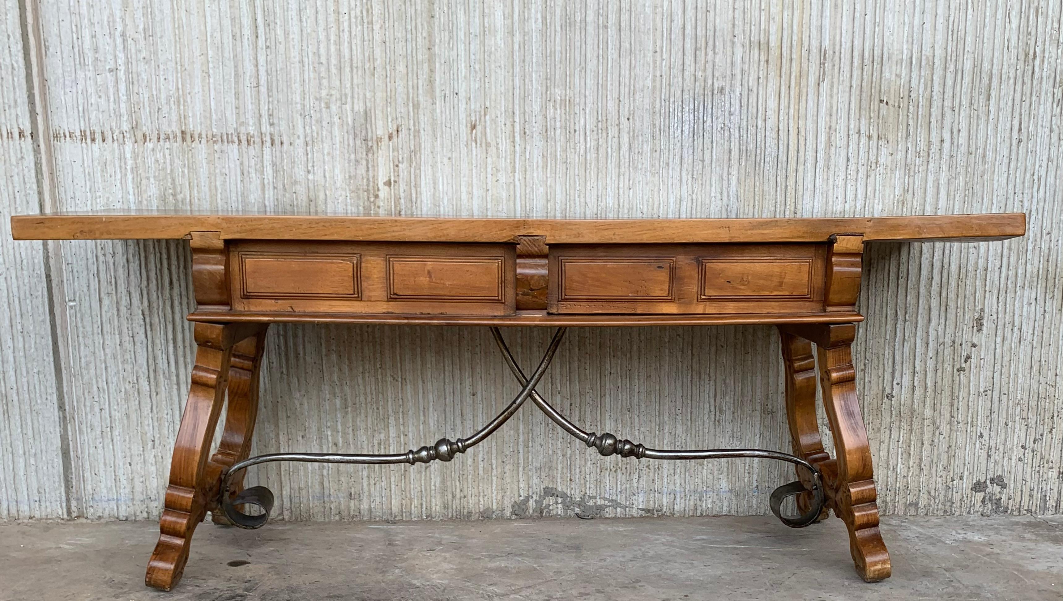 Spanish Bench or Low Console Table with Drawers, Lyre Legs and Iron Stretcher For Sale 6