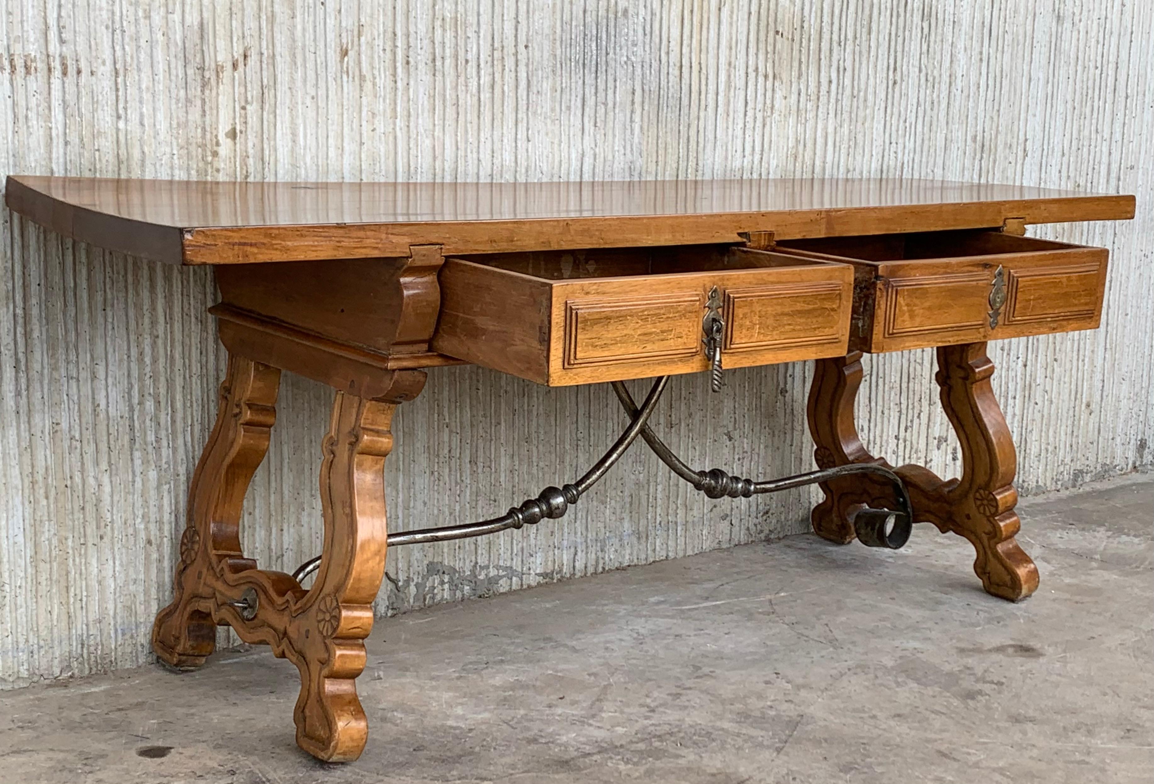 19th Century Spanish Bench or Low Console Table with Drawers, Lyre Legs and Iron Stretcher For Sale