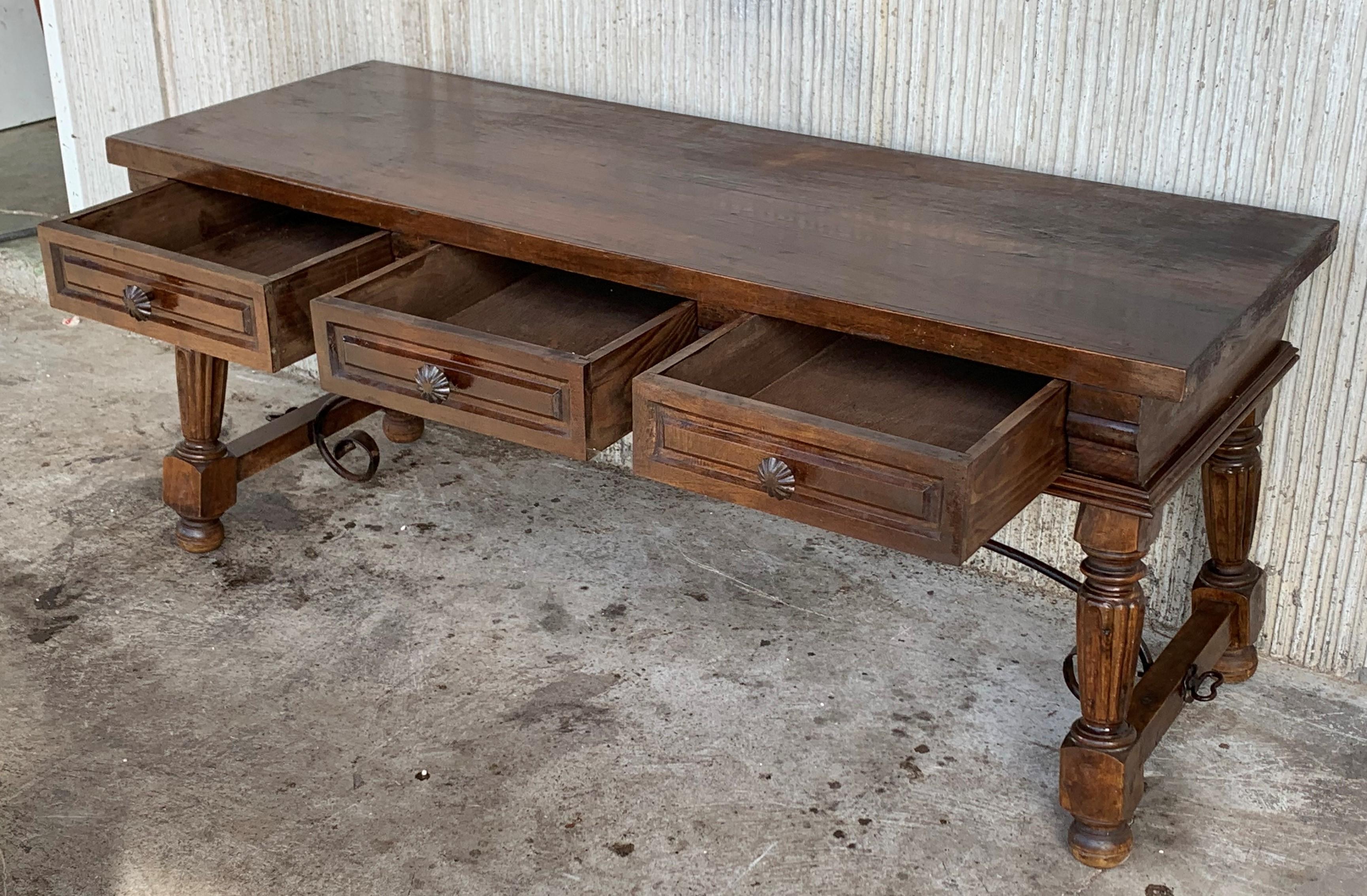 Baroque Spanish Bench or Low Console Table with Marquetry Drawers and Iron Stretcher