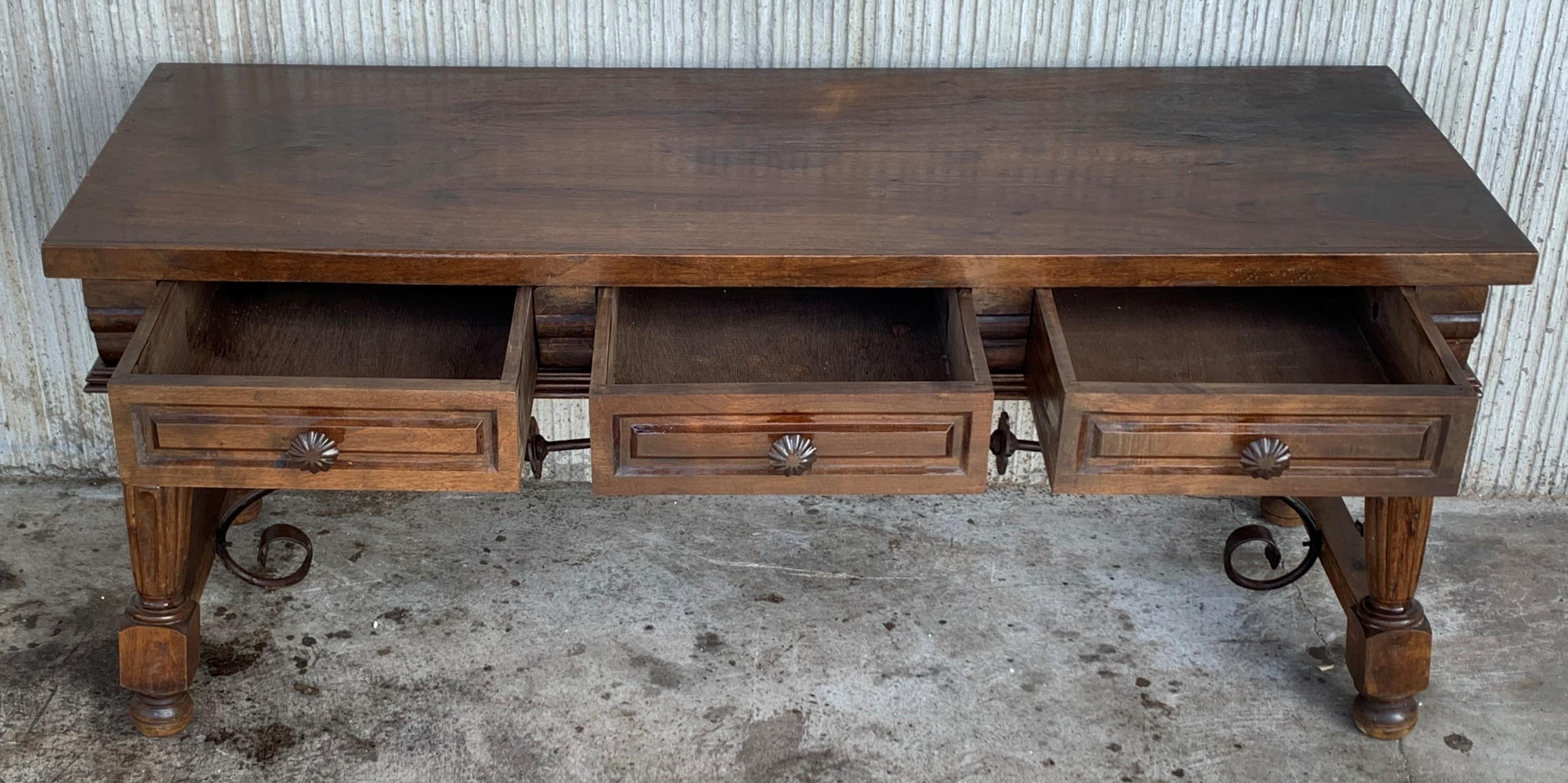 Spanish Bench or Low Console Table with Marquetry Drawers and Iron Stretcher In Good Condition In Miami, FL