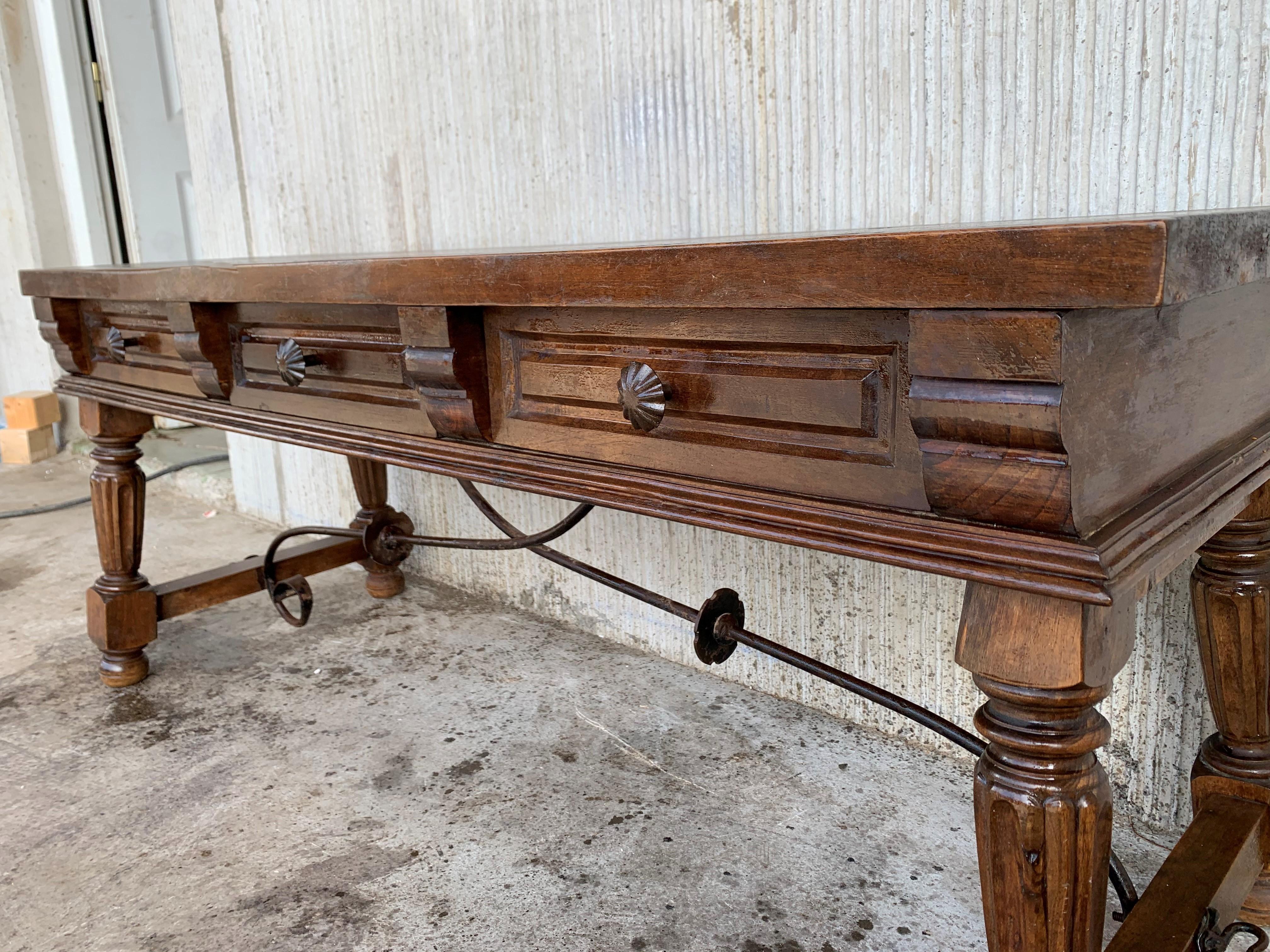 19th Century Spanish Bench or Low Console Table with Marquetry Drawers and Iron Stretcher