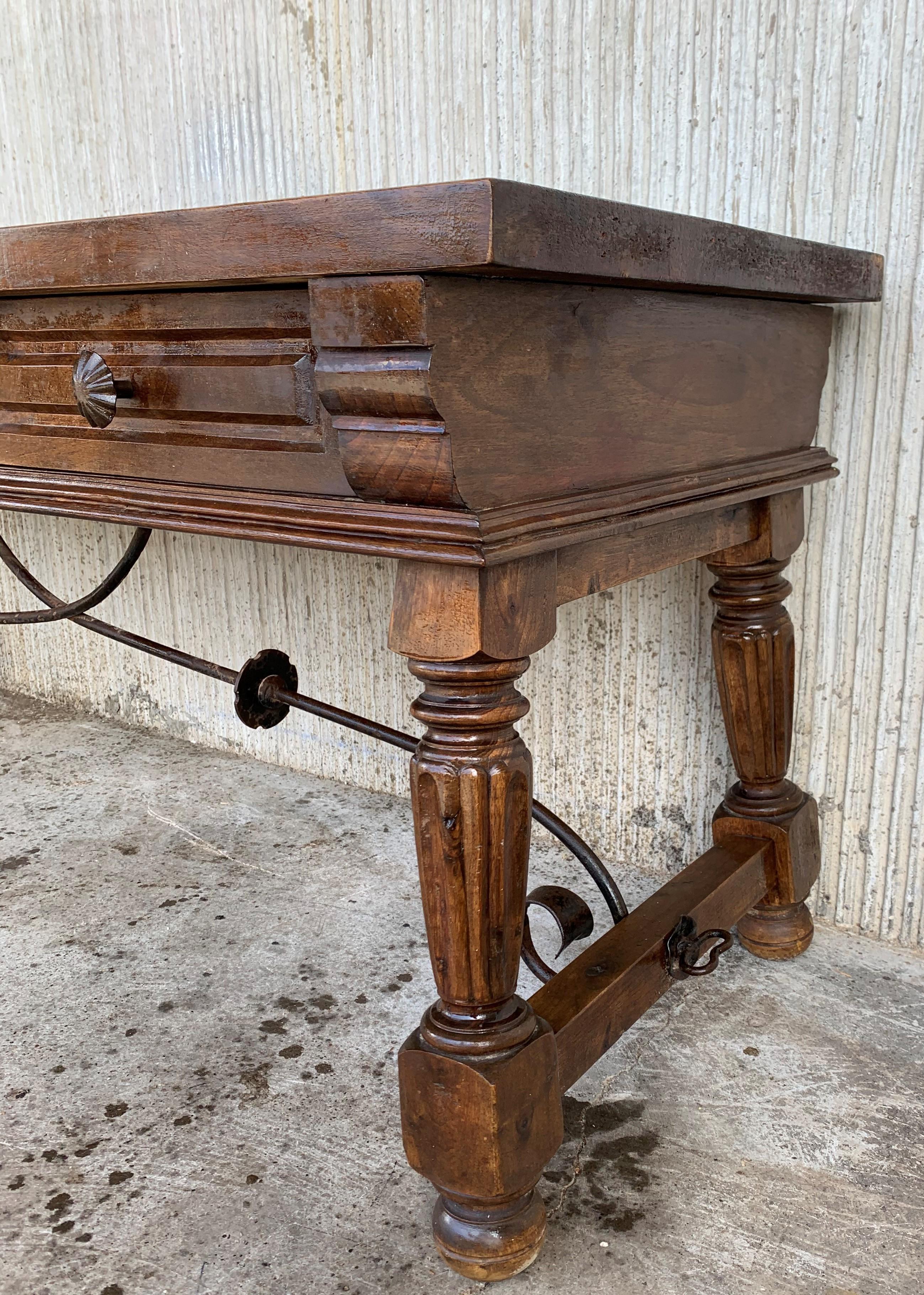 Spanish Bench or Low Console Table with Marquetry Drawers and Iron Stretcher 1