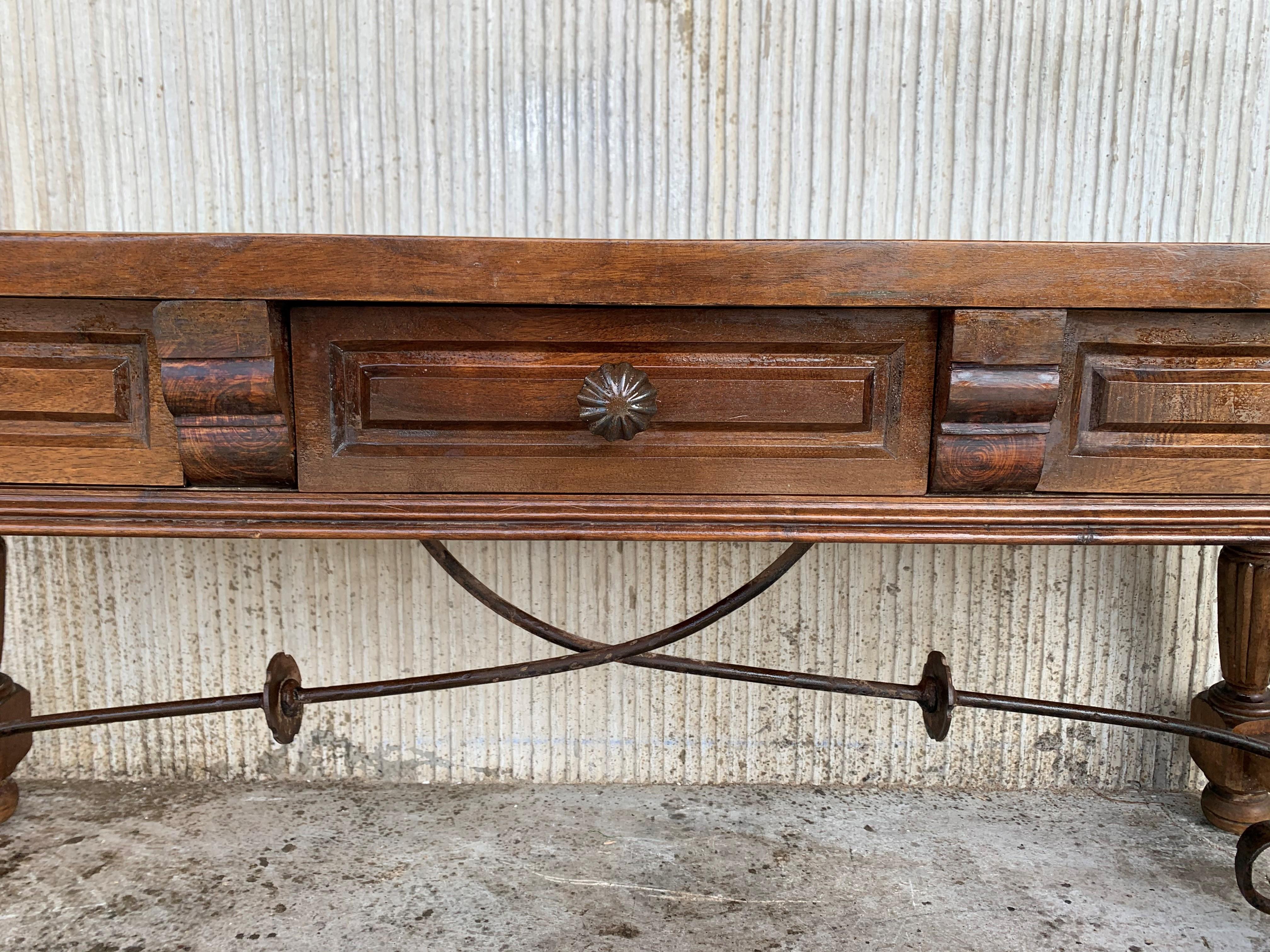 Spanish Bench or Low Console Table with Marquetry Drawers and Iron Stretcher 2