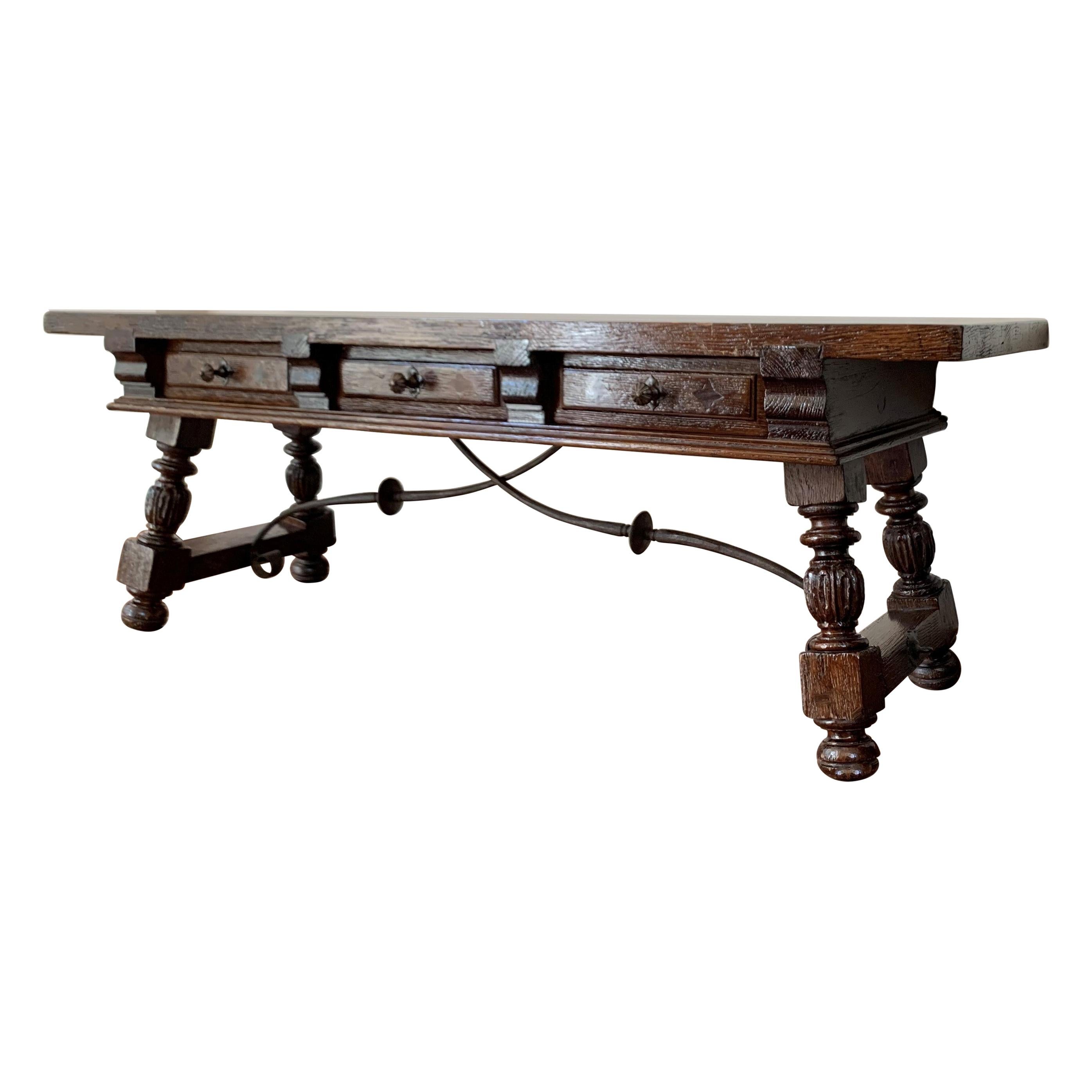 Spanish Bench or Low Console Table with Marquetry Drawers and Iron Stretcher