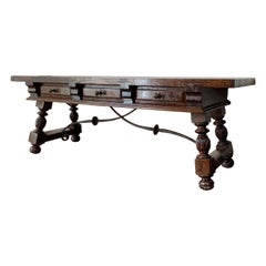 Spanish Bench or Low Console Table with Marquetry Drawers and Iron Stretcher