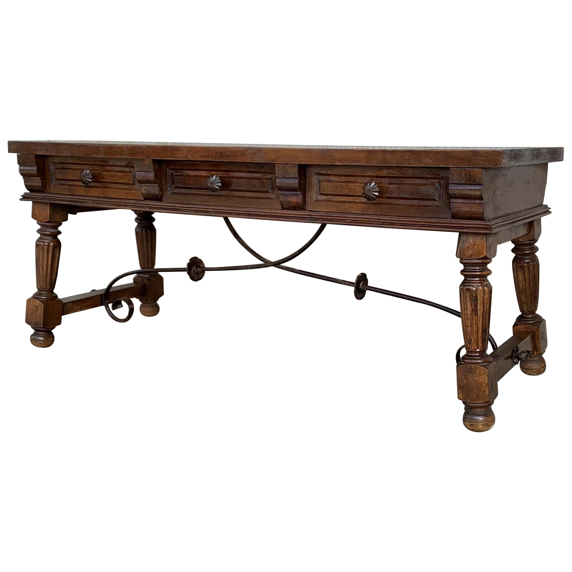 Spanish Bench or Low Console Table with Marquetry Drawers and Iron Stretcher