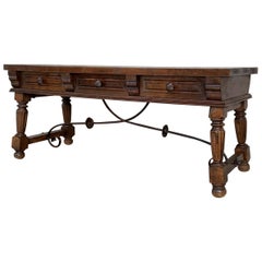 Spanish Bench or Low Console Table with Marquetry Drawers and Iron Stretcher