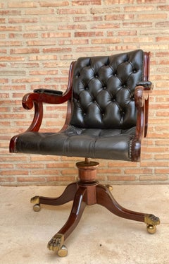 Spanish Black Leather Armchair in Mahogany with Wheels, 1930s