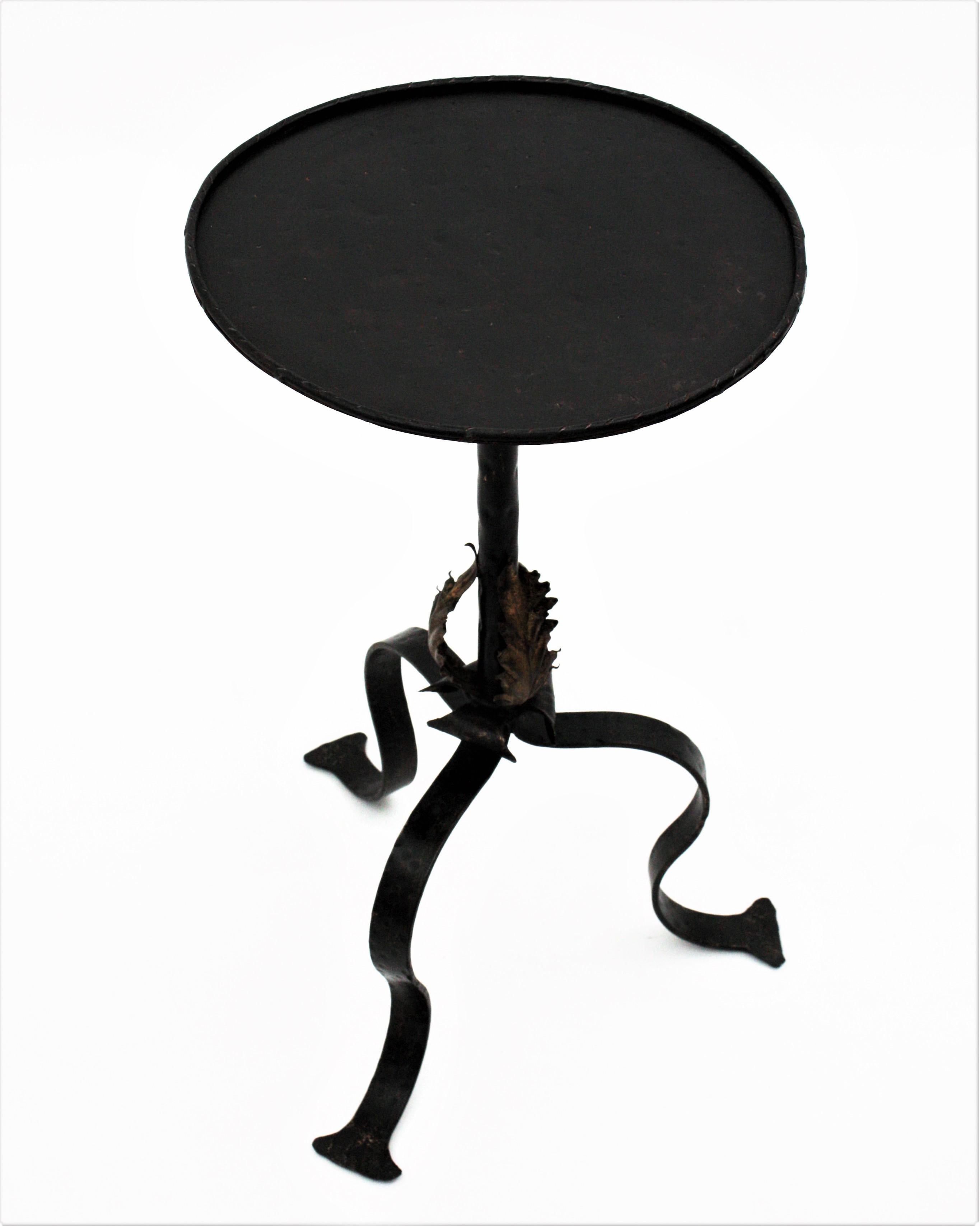 Gilt Spanish Black Wrought Iron Gueridon Drinks Table with Gilded Foliate Details