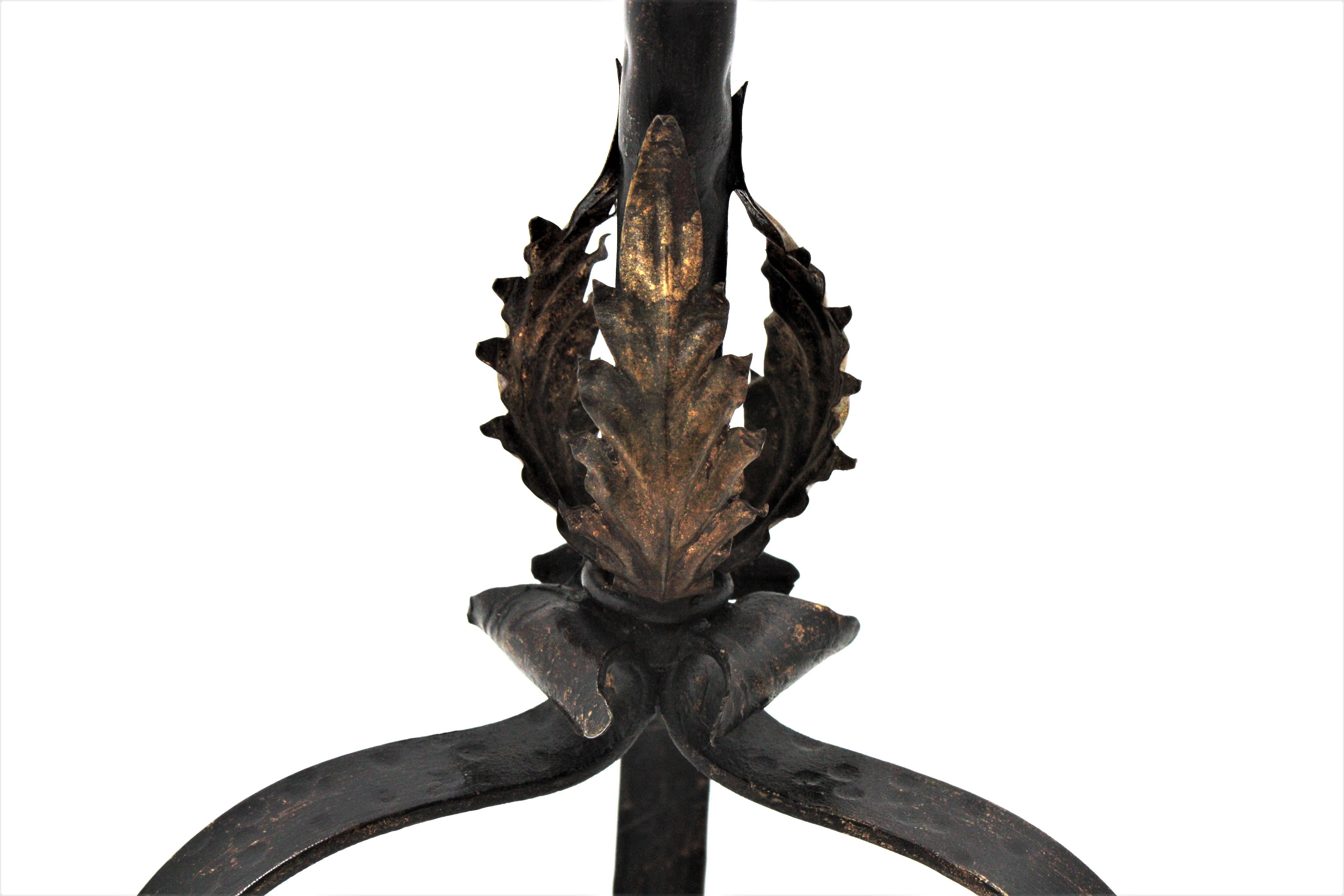 20th Century Spanish Black Wrought Iron Gueridon Drinks Table with Gilded Foliate Details