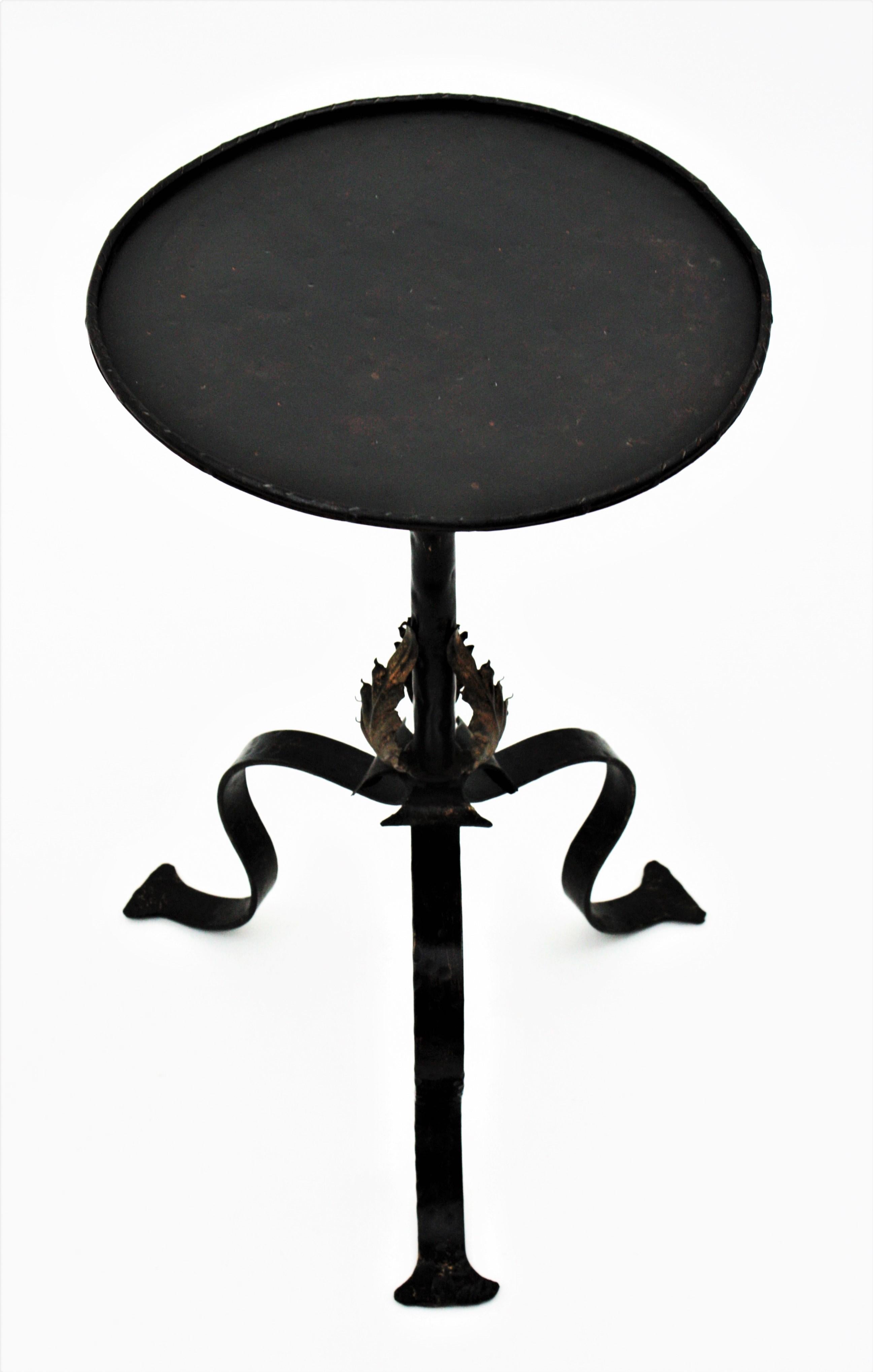 Metal Spanish Black Wrought Iron Gueridon Drinks Table with Gilded Foliate Details