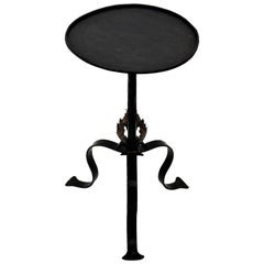 Retro Spanish Black Wrought Iron Gueridon Drinks Table with Gilded Foliate Details