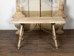 Spanish Bleached Oak Fratino Table with Carved Baroque Style Lyre Shaped Base