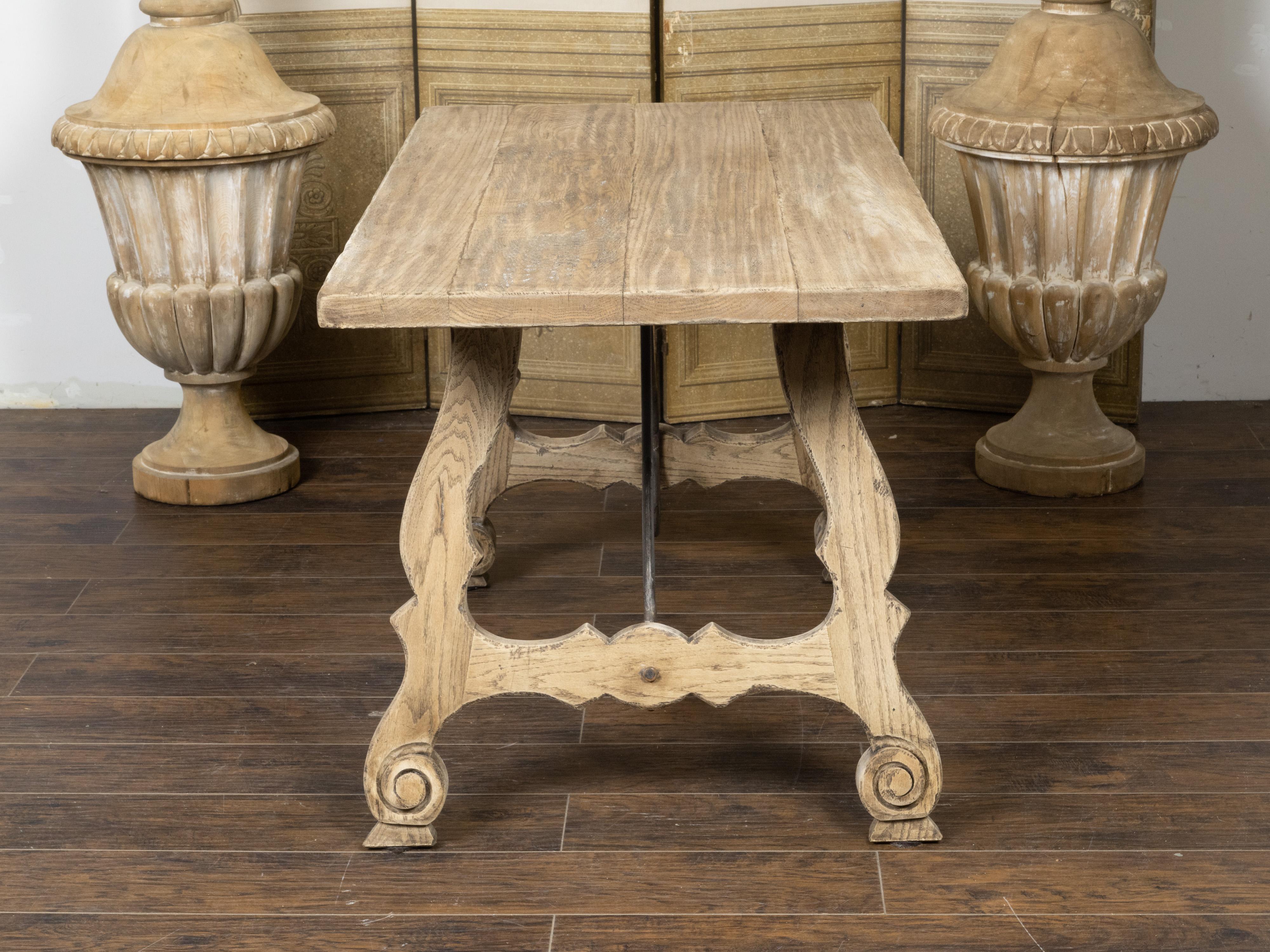 19th Century Spanish Bleached Oak Fratino Table with Carved Baroque Style Lyre Shaped Base