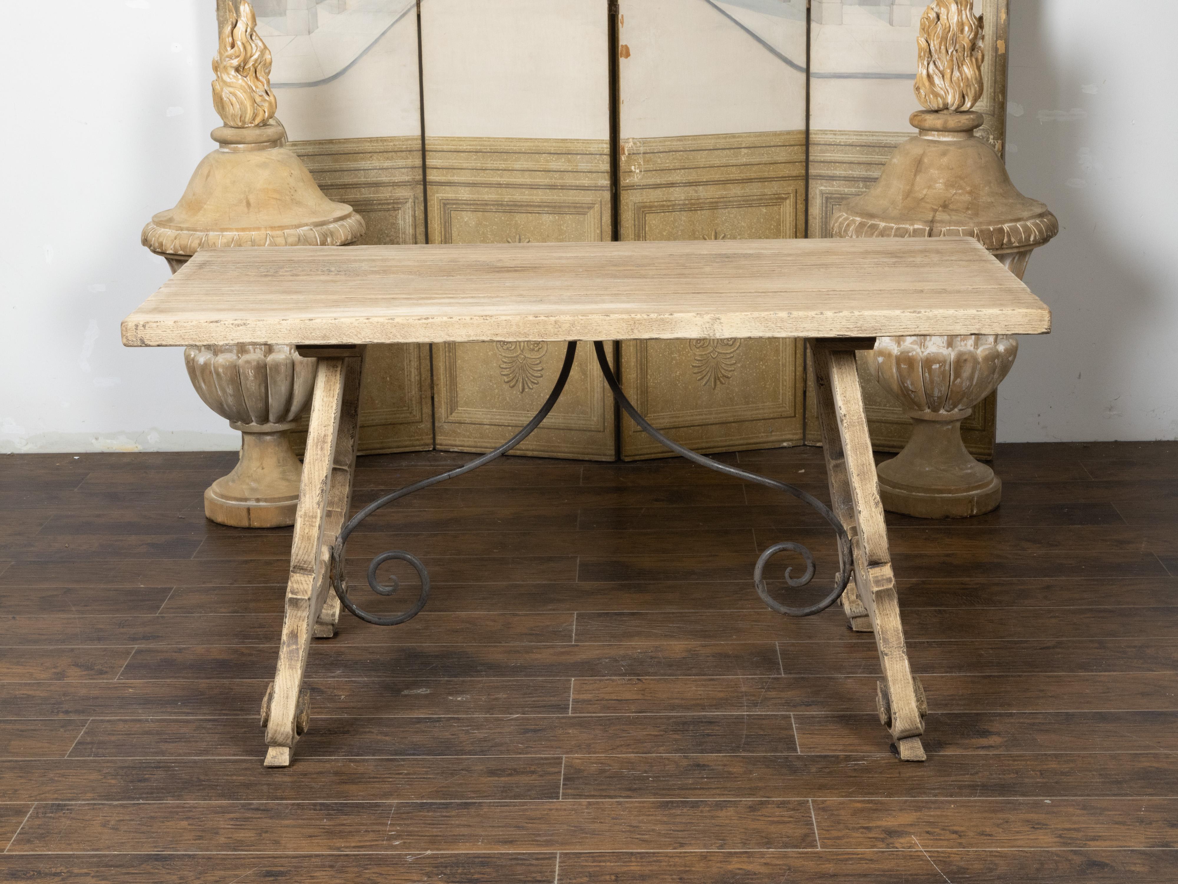 Iron Spanish Bleached Oak Fratino Table with Carved Baroque Style Lyre Shaped Base