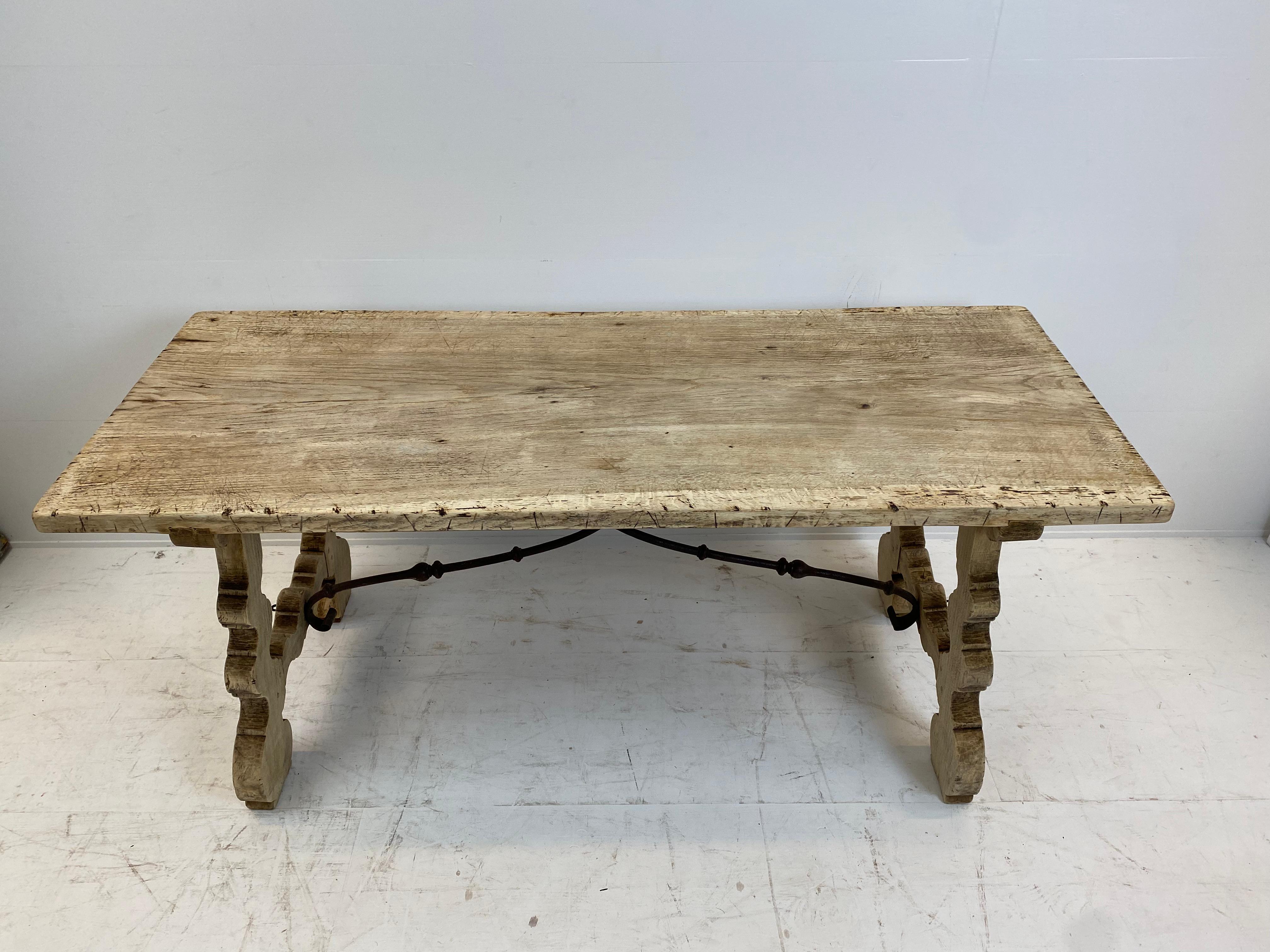Spanish Small Antique table in bleached walnut with iron details, Spain, 1820s. 