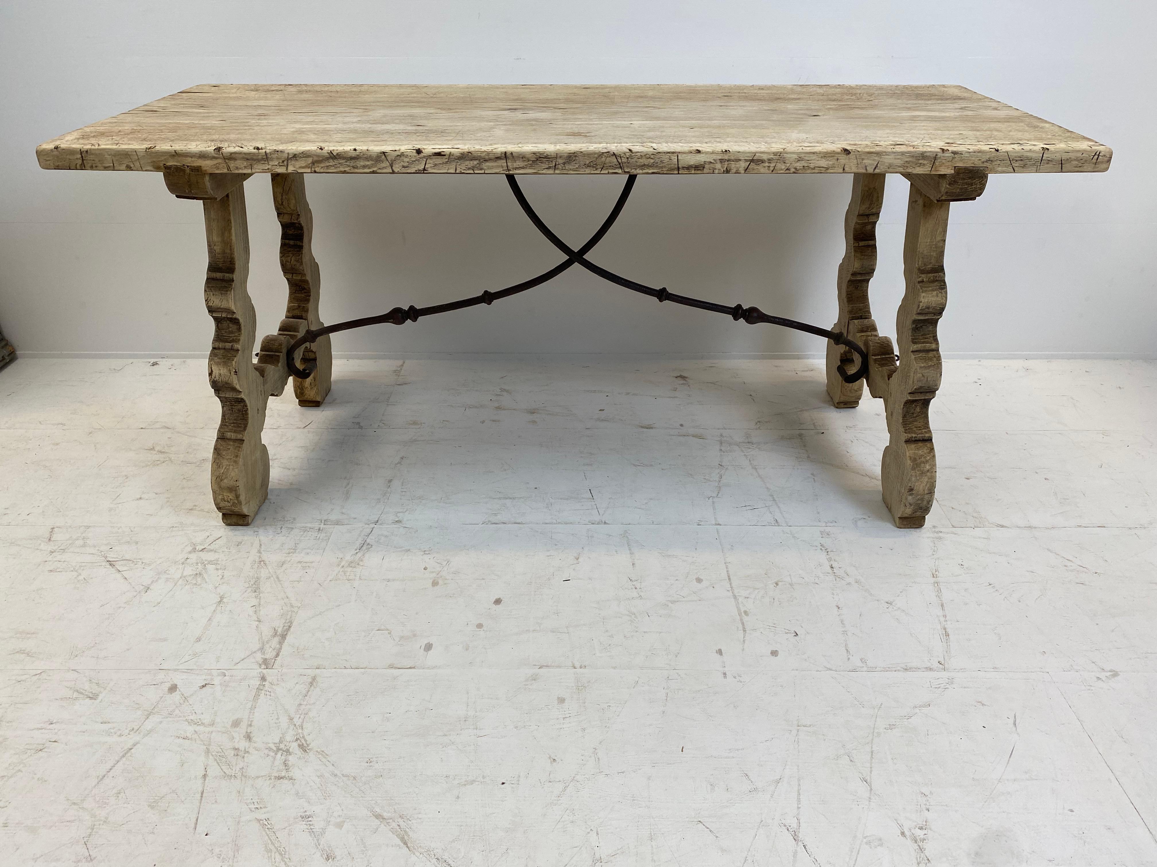 Walnut Small Antique table in bleached walnut with iron details, Spain, 1820s. 