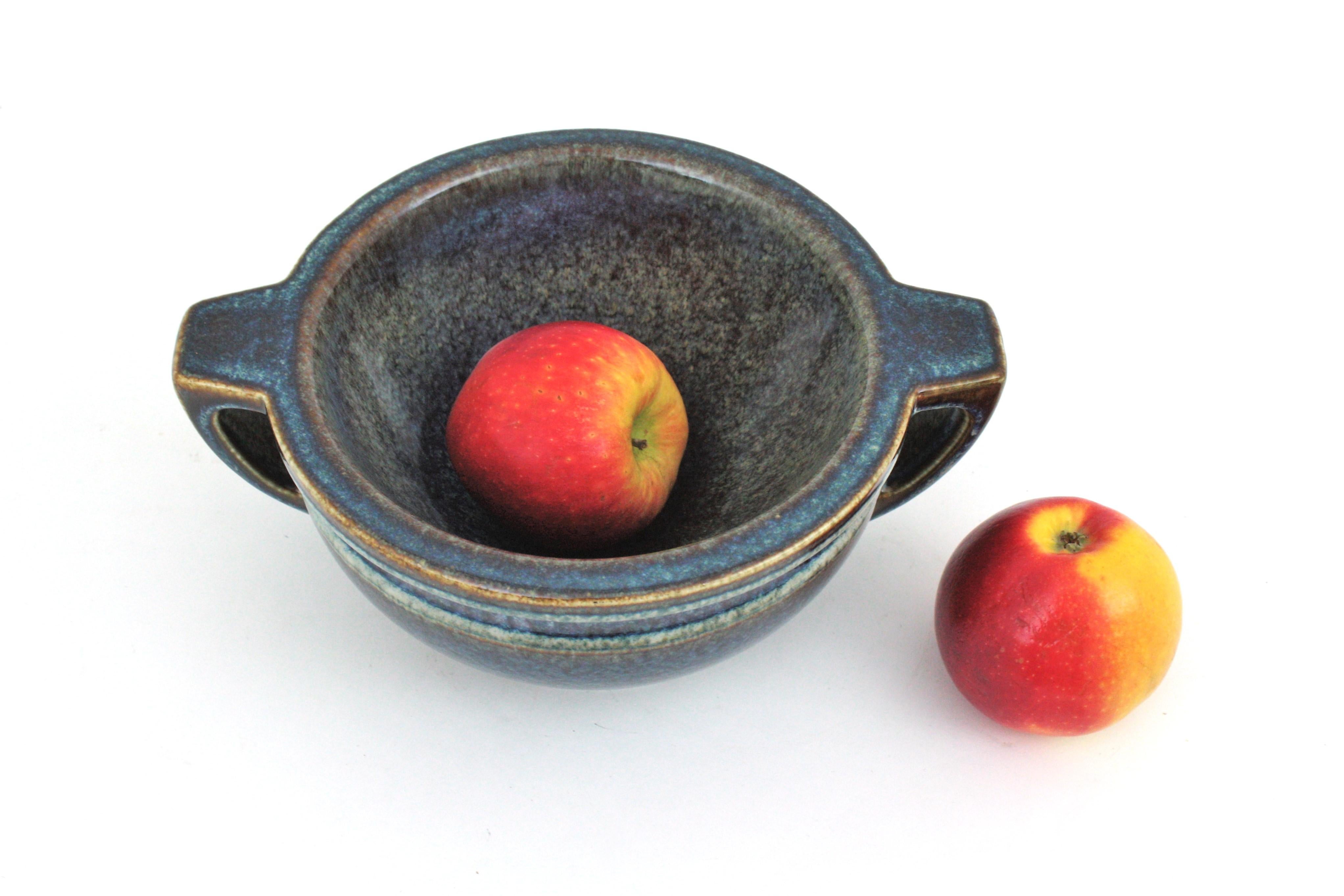 Spanish Blue Glazed Ceramic Two Handled Centerpiece Bowl, 1970s For Sale 5