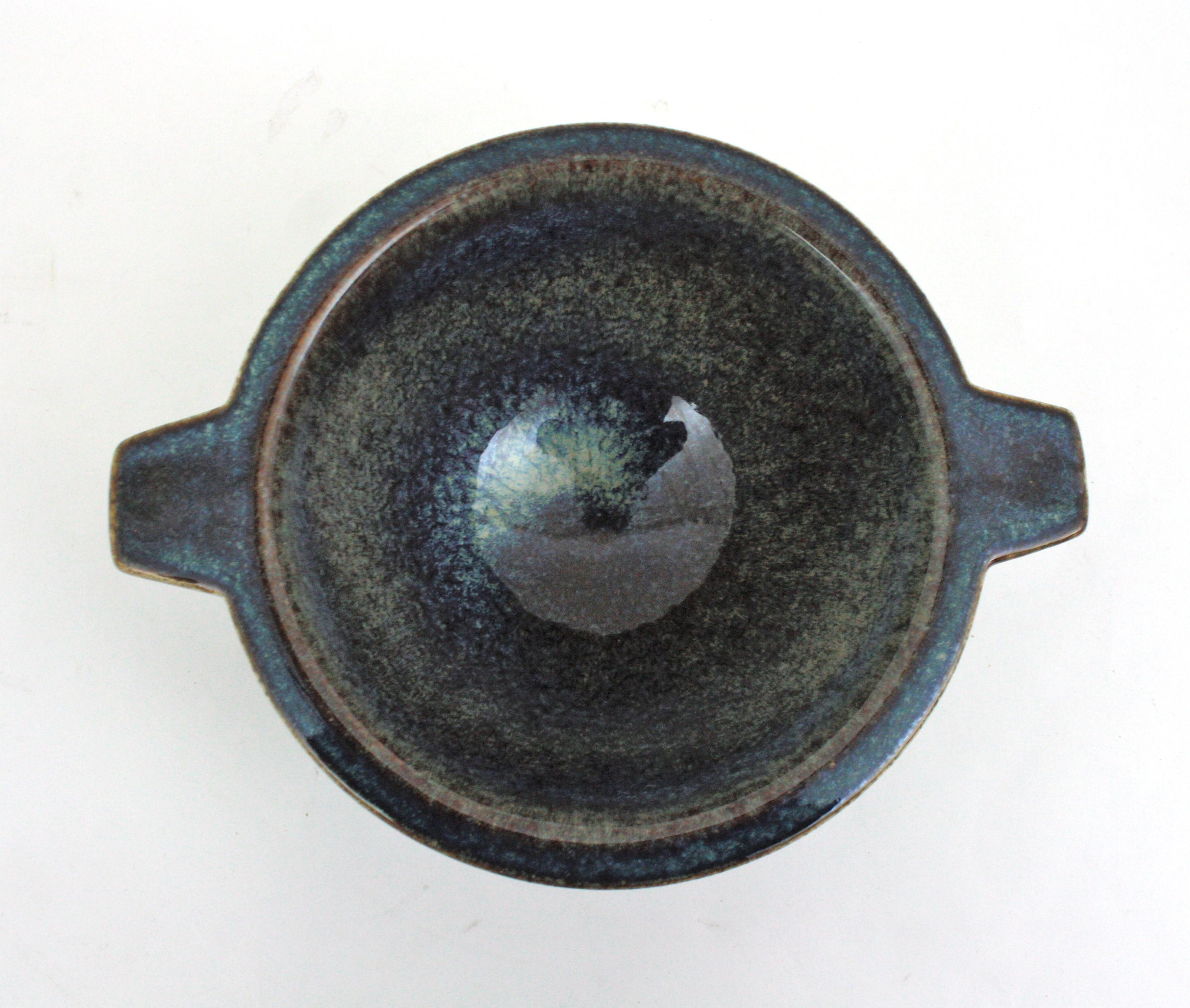 Spanish Blue Glazed Ceramic Two Handled Centerpiece Bowl, 1970s For Sale 9