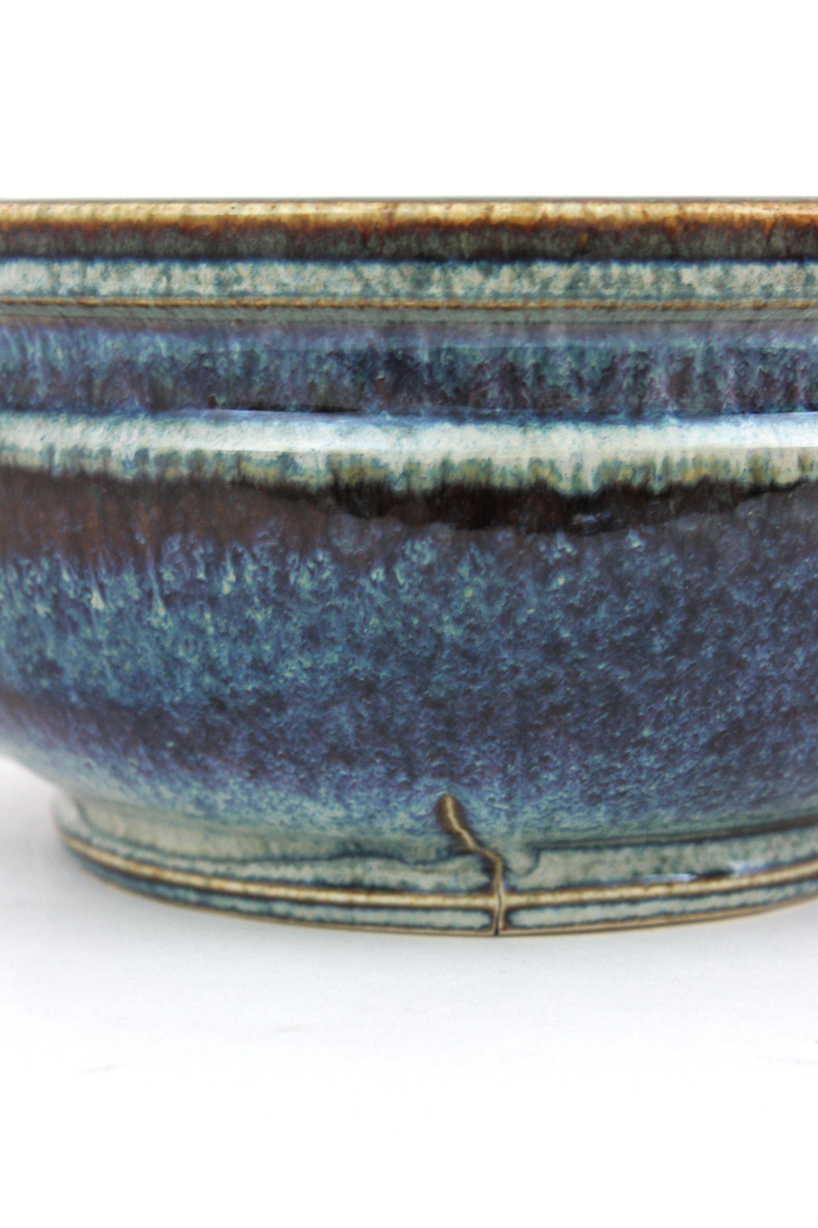 Spanish Blue Glazed Ceramic Two Handled Centerpiece Bowl, 1970s For Sale 10