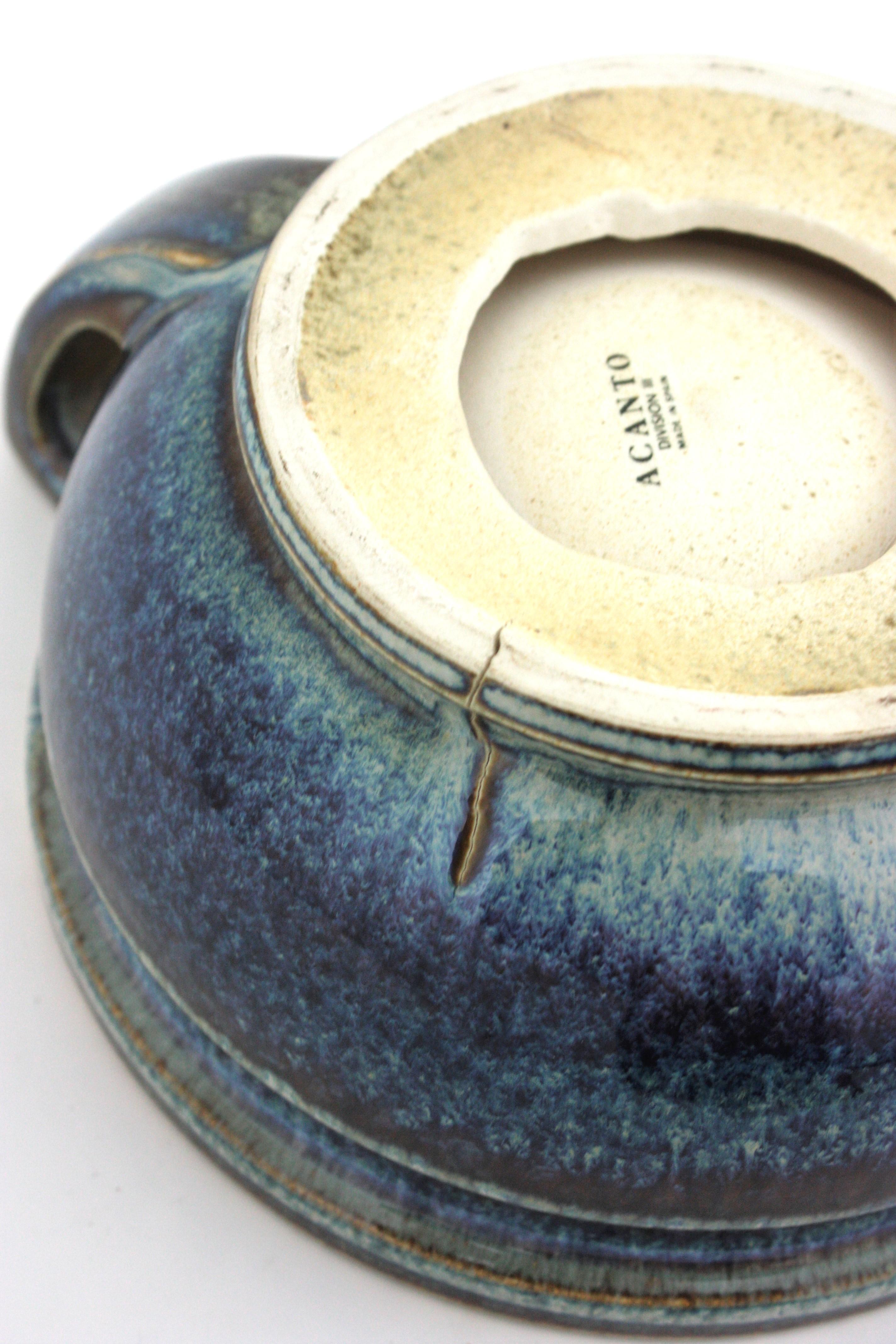 Spanish Blue Glazed Ceramic Two Handled Centerpiece Bowl, 1970s For Sale 11