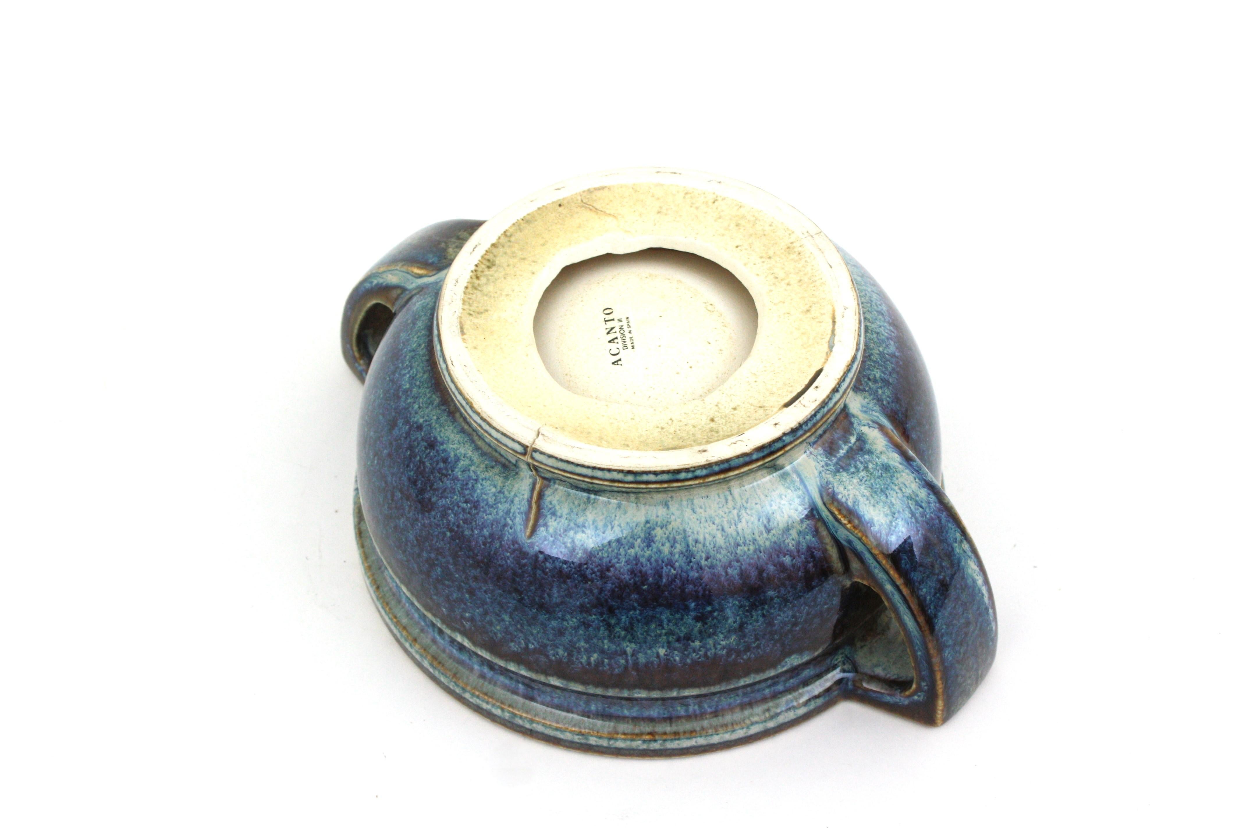 Spanish Blue Glazed Ceramic Two Handled Centerpiece Bowl, 1970s For Sale 12