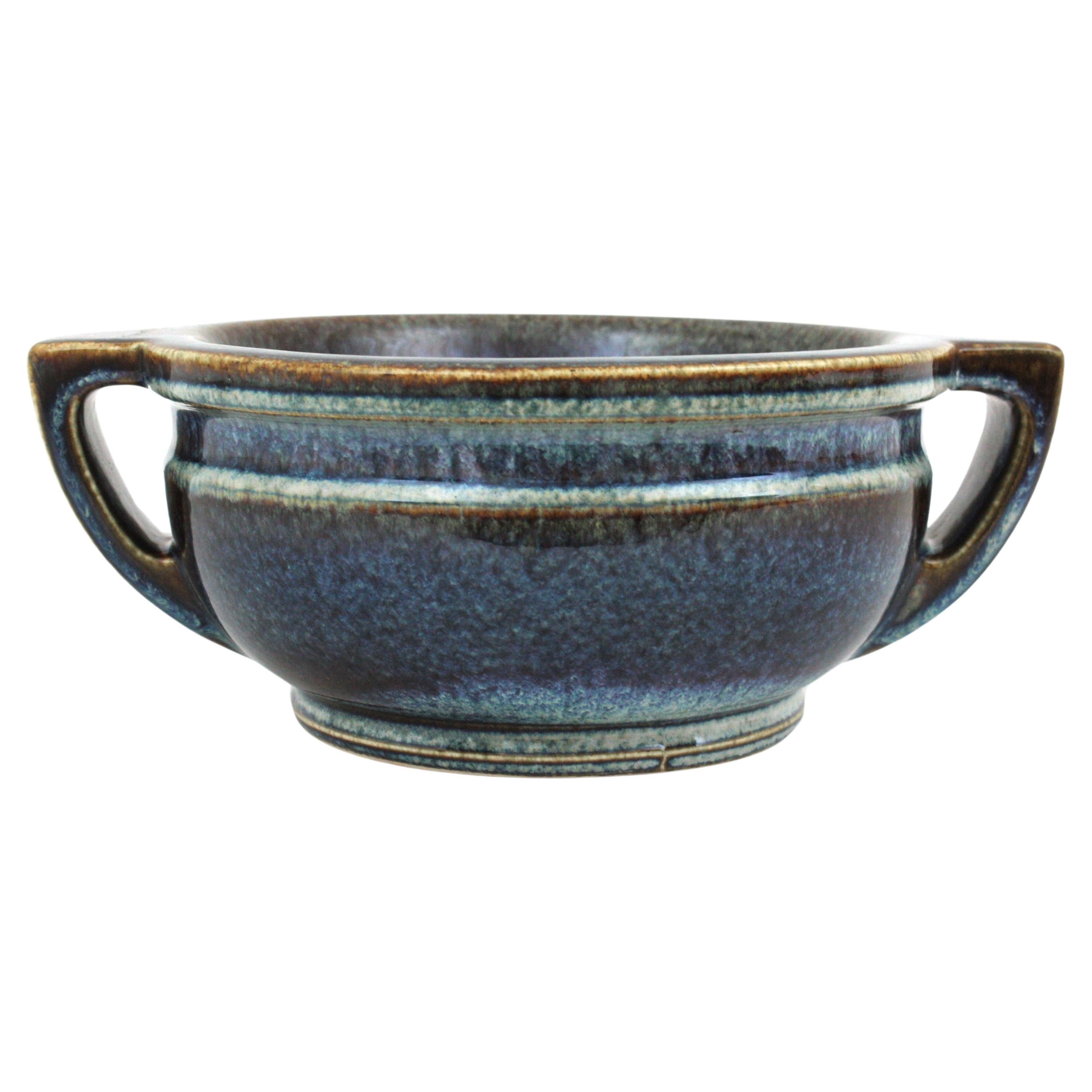 Mid-Century Modern Spanish Blue Glazed Ceramic Two Handled Centerpiece Bowl, 1970s For Sale