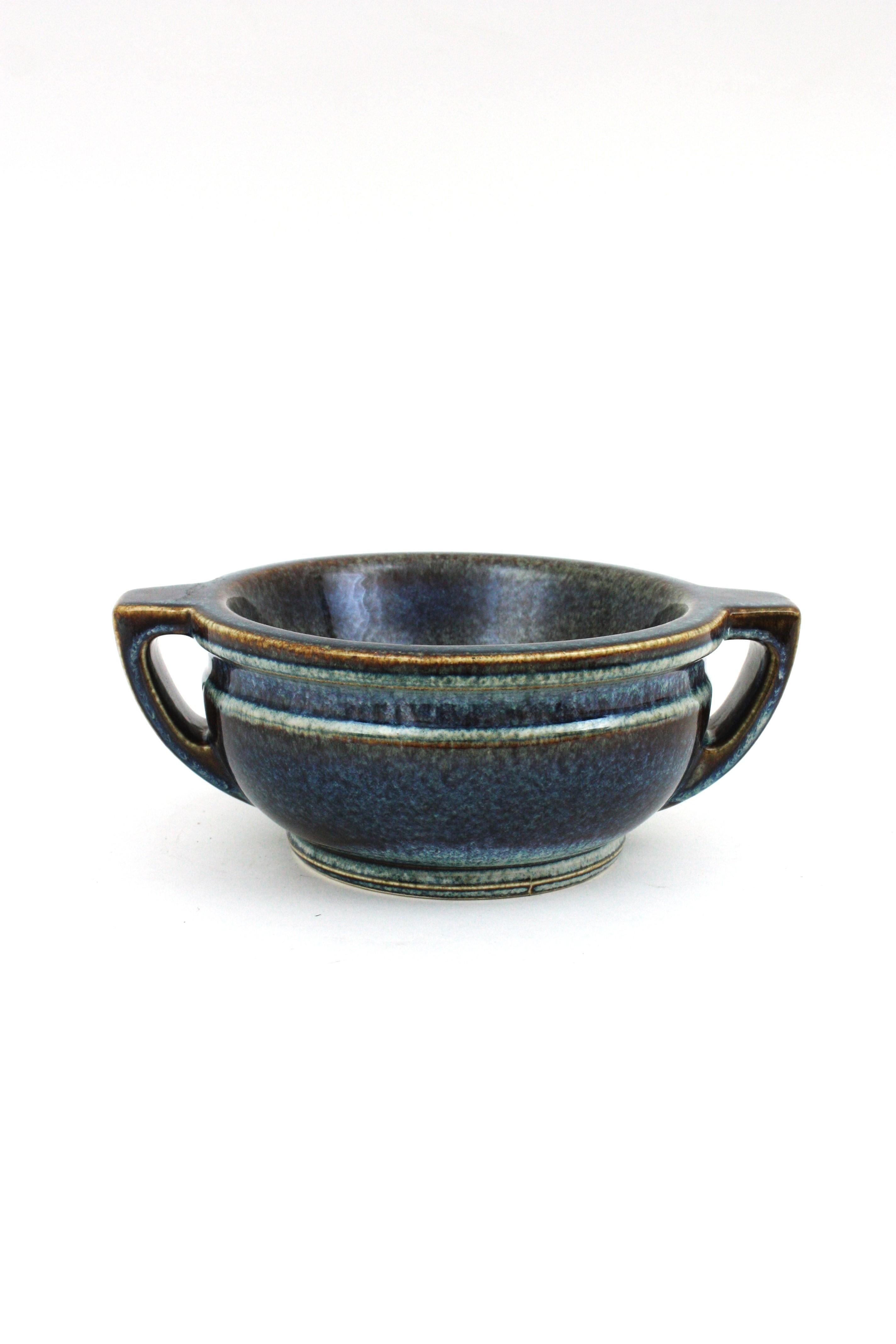 Spanish Blue Glazed Ceramic Two Handled Centerpiece Bowl, 1970s In Good Condition For Sale In Barcelona, ES