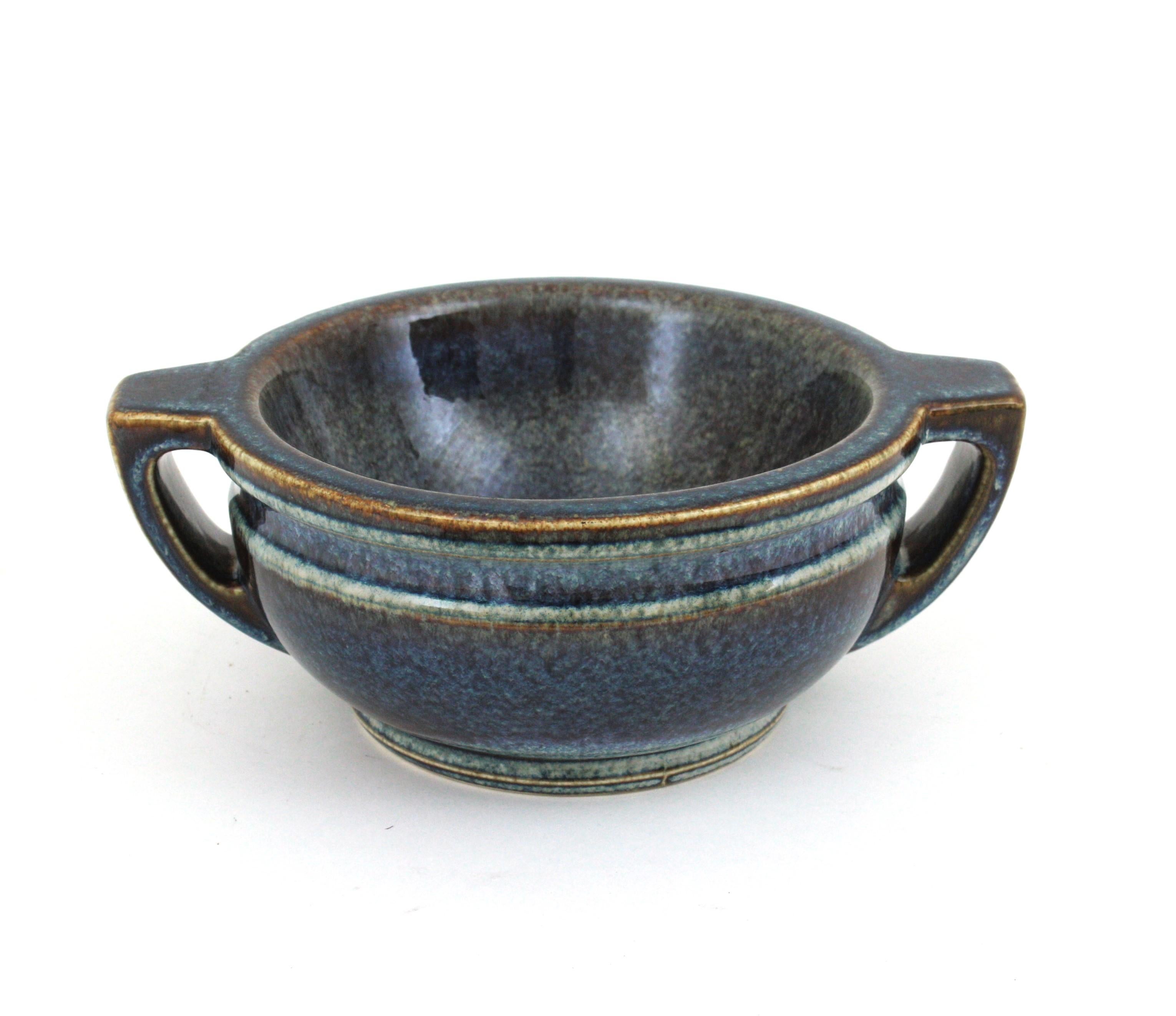 20th Century Spanish Blue Glazed Ceramic Two Handled Centerpiece Bowl, 1970s For Sale