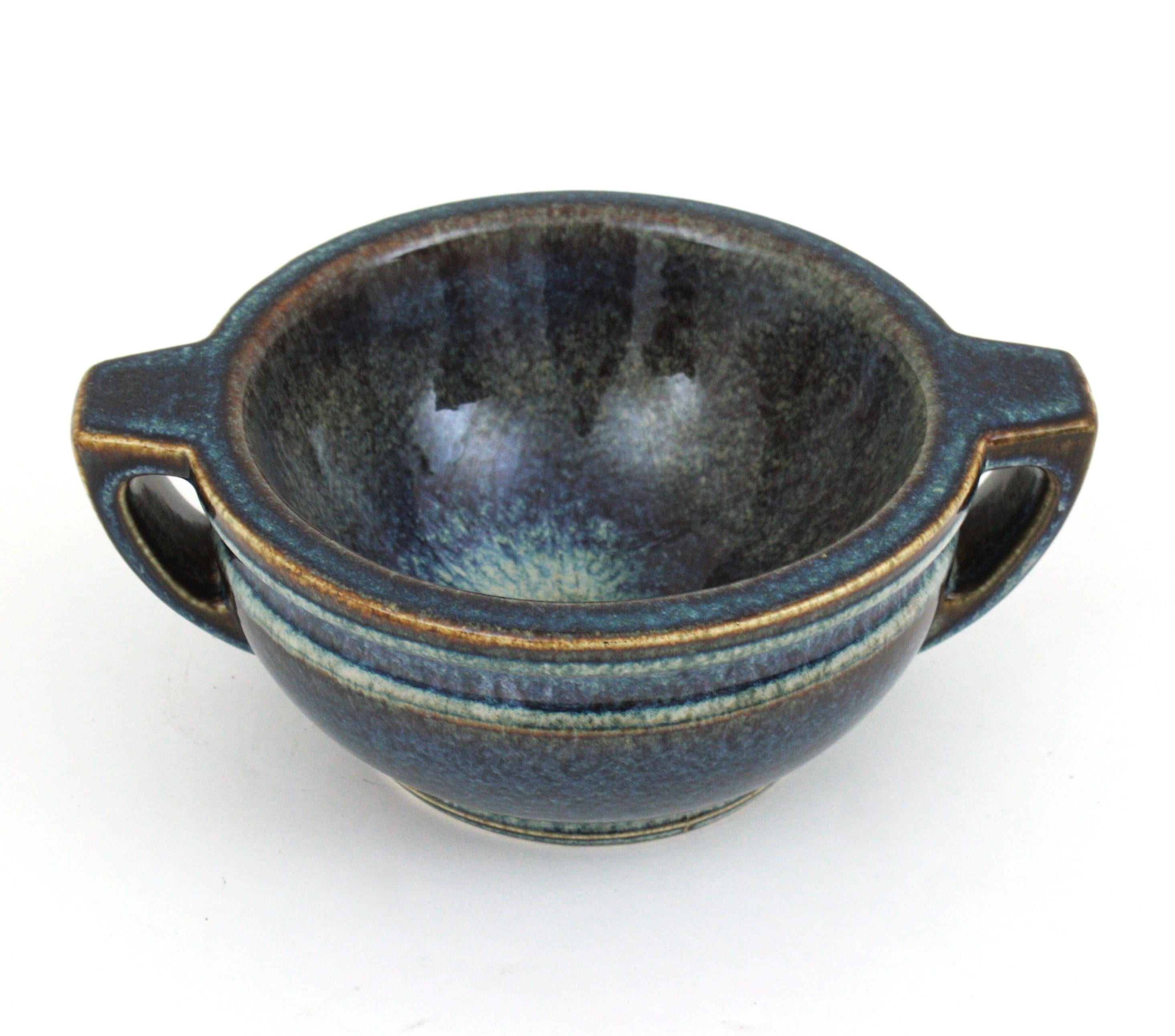 Spanish Blue Glazed Ceramic Two Handled Centerpiece Bowl, 1970s For Sale 1