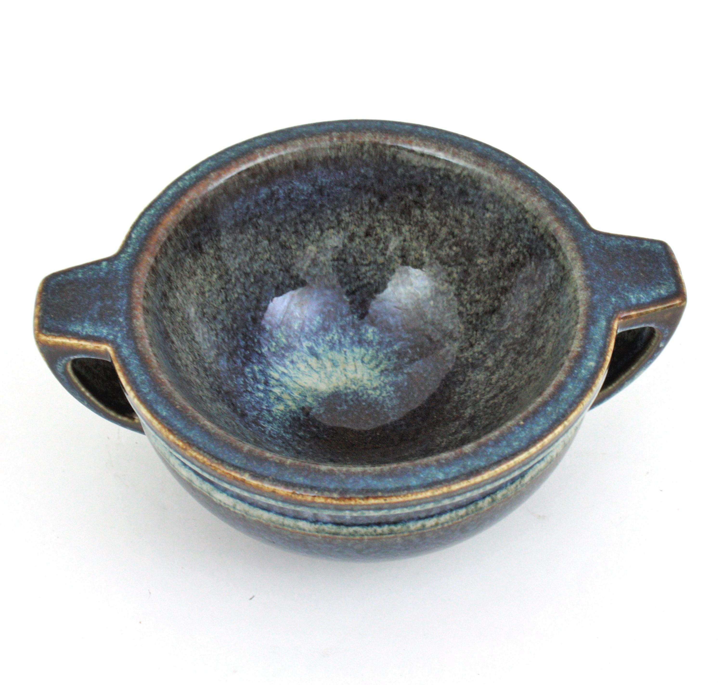 Spanish Blue Glazed Ceramic Two Handled Centerpiece Bowl, 1970s For Sale 2