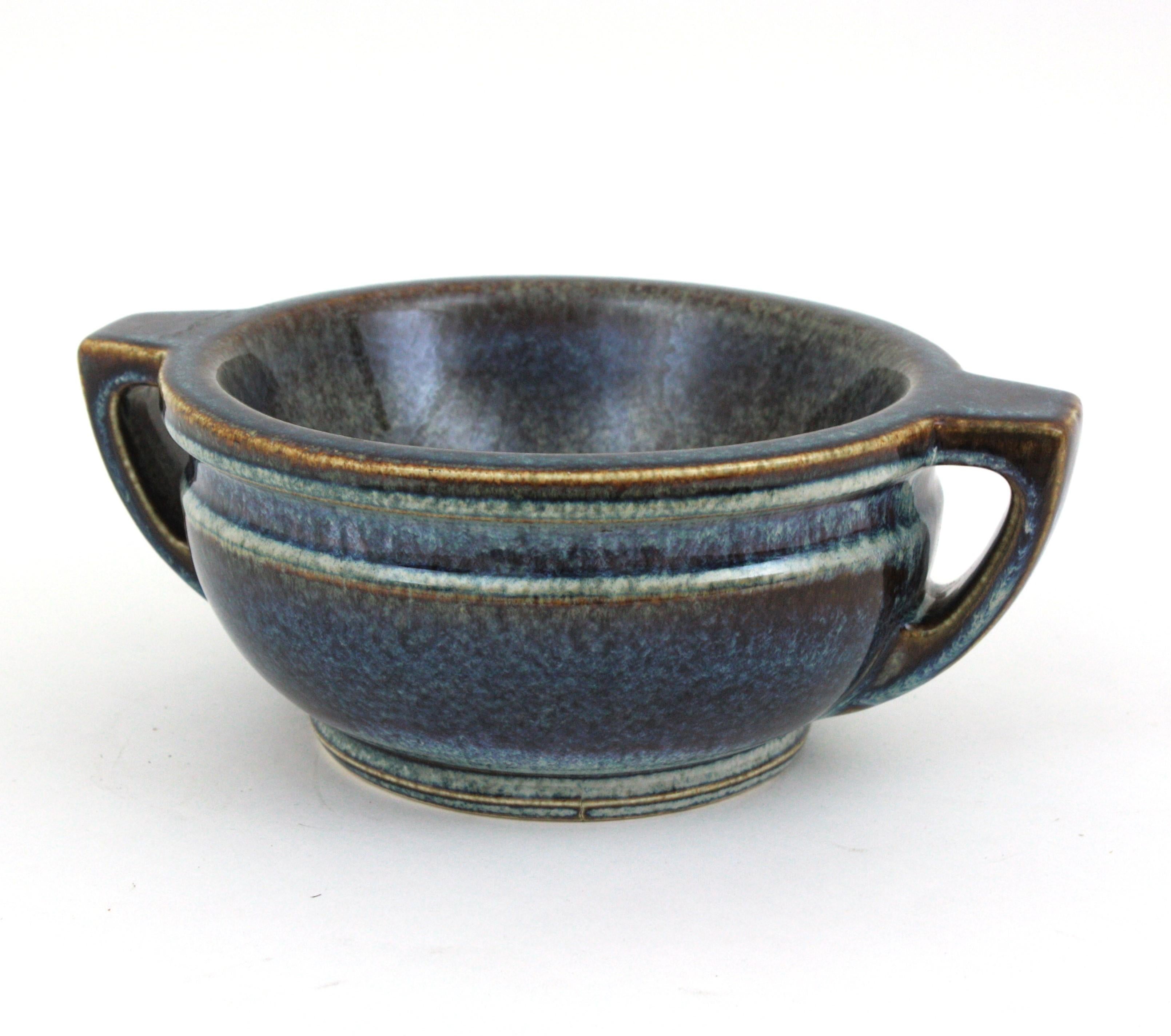 Spanish Blue Glazed Ceramic Two Handled Centerpiece Bowl, 1970s For Sale 3