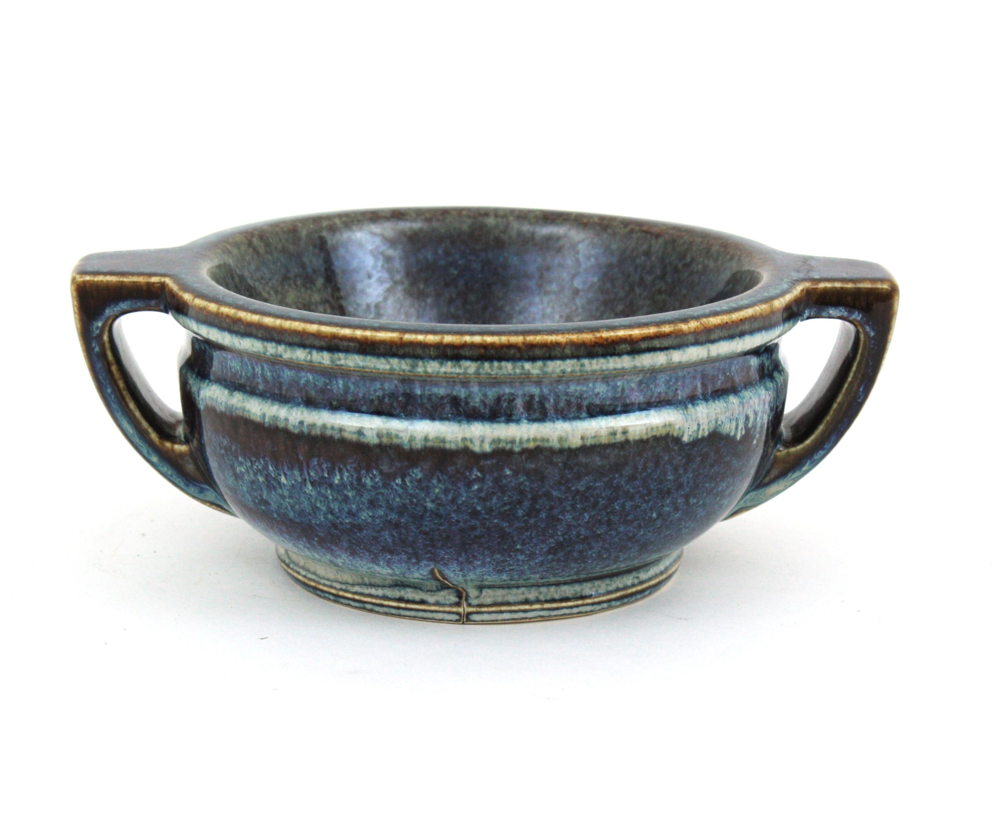 Spanish Blue Glazed Ceramic Two Handled Centerpiece Bowl, 1970s For Sale 4