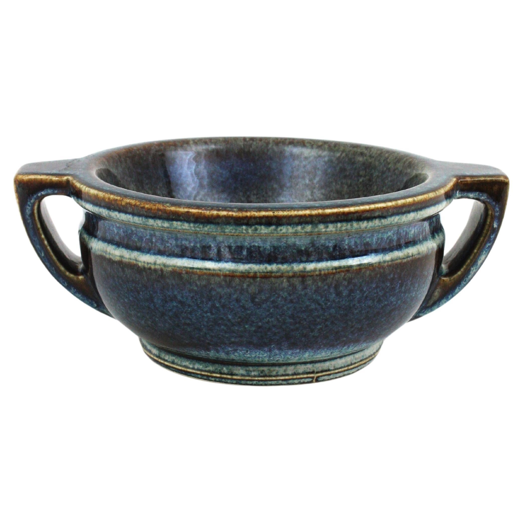 Spanish Blue Glazed Ceramic Two Handled Centerpiece Bowl, 1970s For Sale