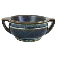 Spanish Blue Glazed Ceramic Two Handled Centerpiece Bowl, 1970s