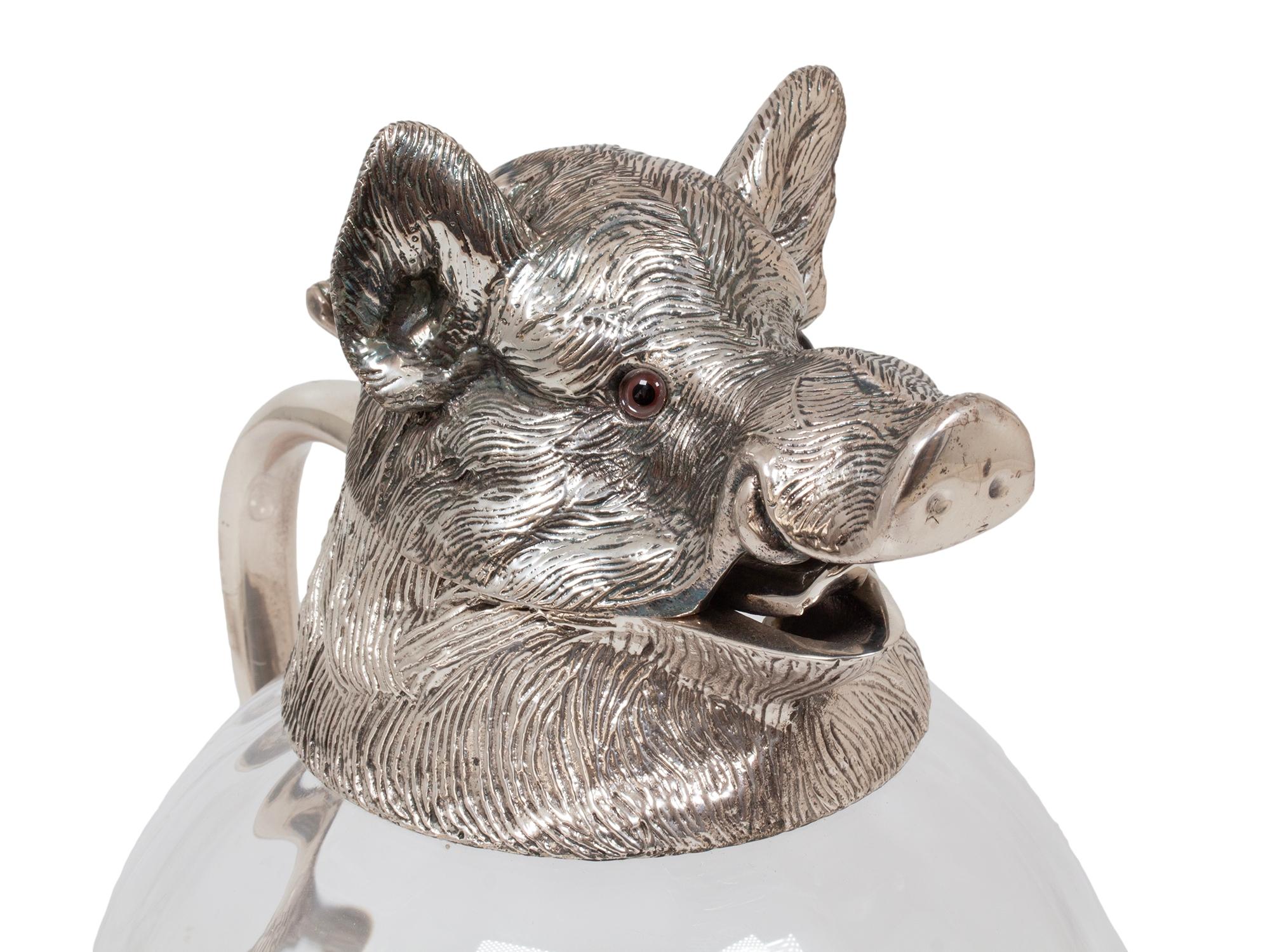 Spanische Wildschweinkopf Glaskaraffe von Valenti (Versilberung) im Angebot