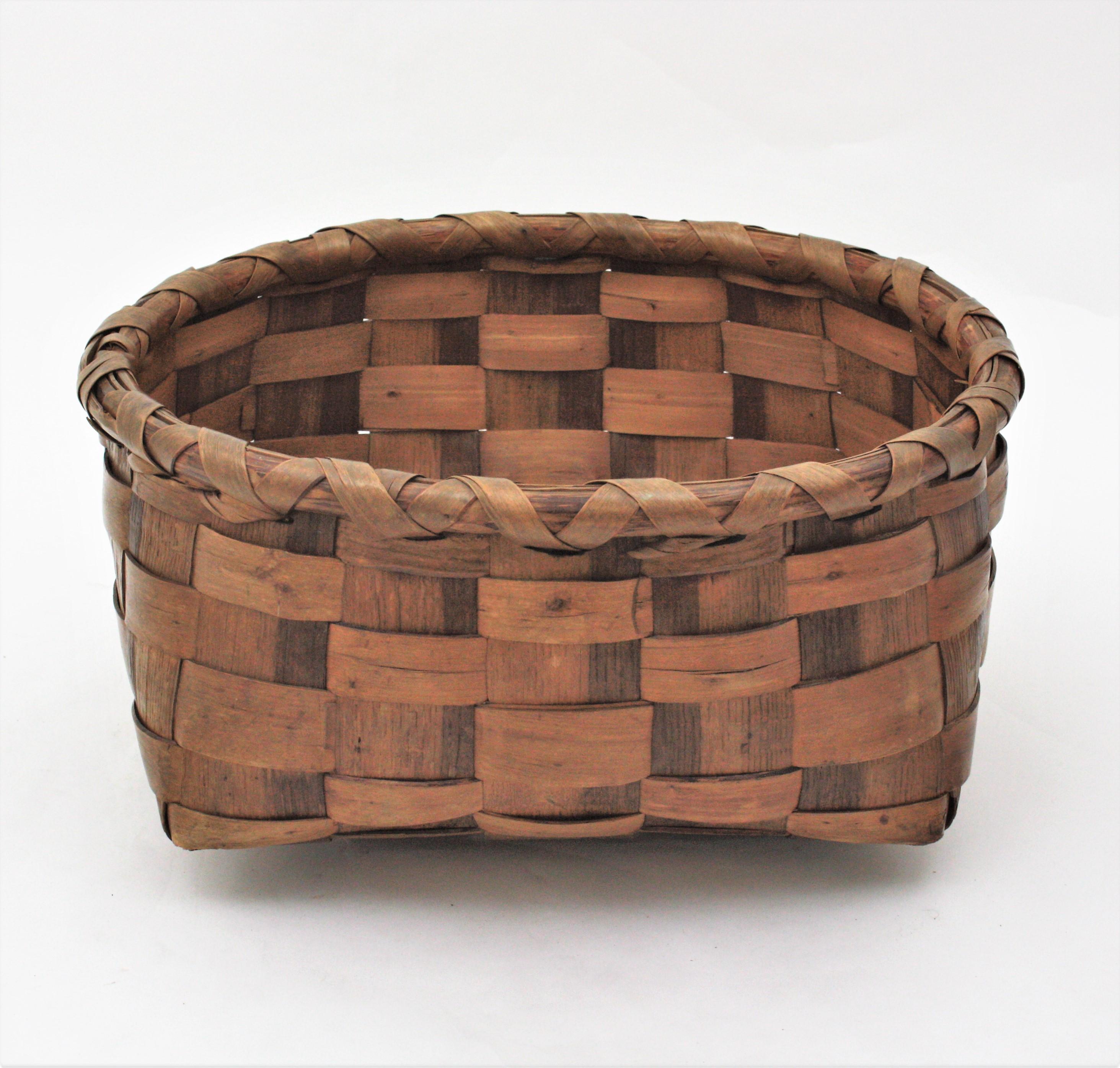 Woven Spanish Braided Wood Large Rustic Basket, 1940s For Sale