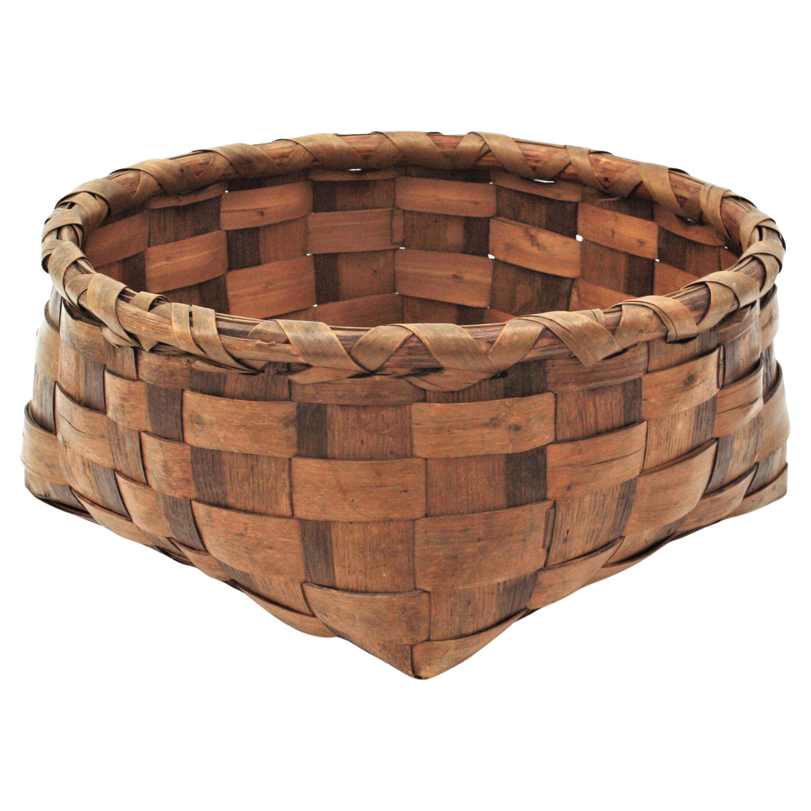 Spanish Braided Wood Large Rustic Basket, 1940s