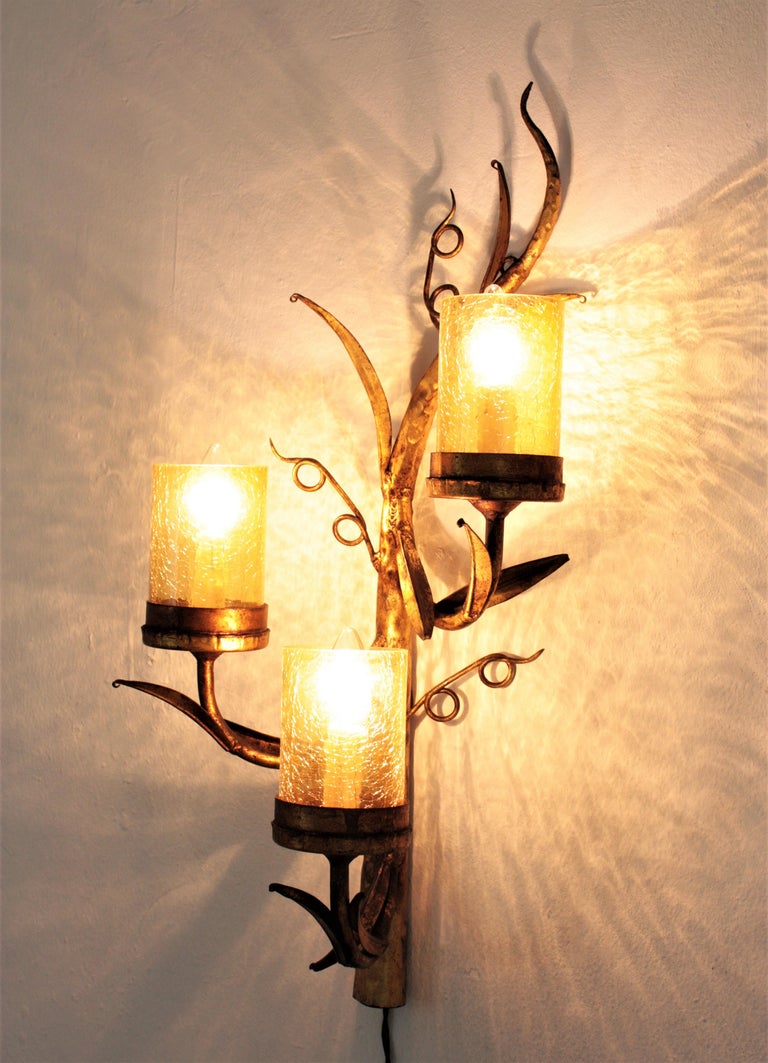 Spanish Branch Wall Sconce in Gilt Iron and Amber Cracked Glass, 1950s