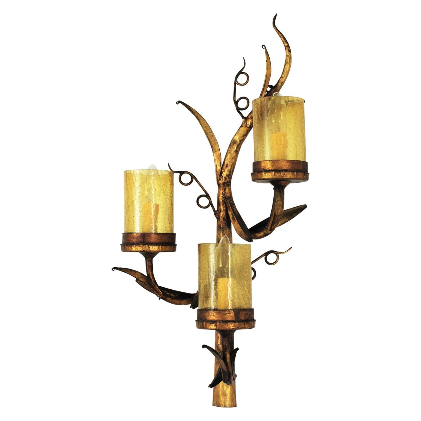 Spanish Branch Wall Sconce in Gilt Iron and Amber Cracked Glass, 1950s For Sale