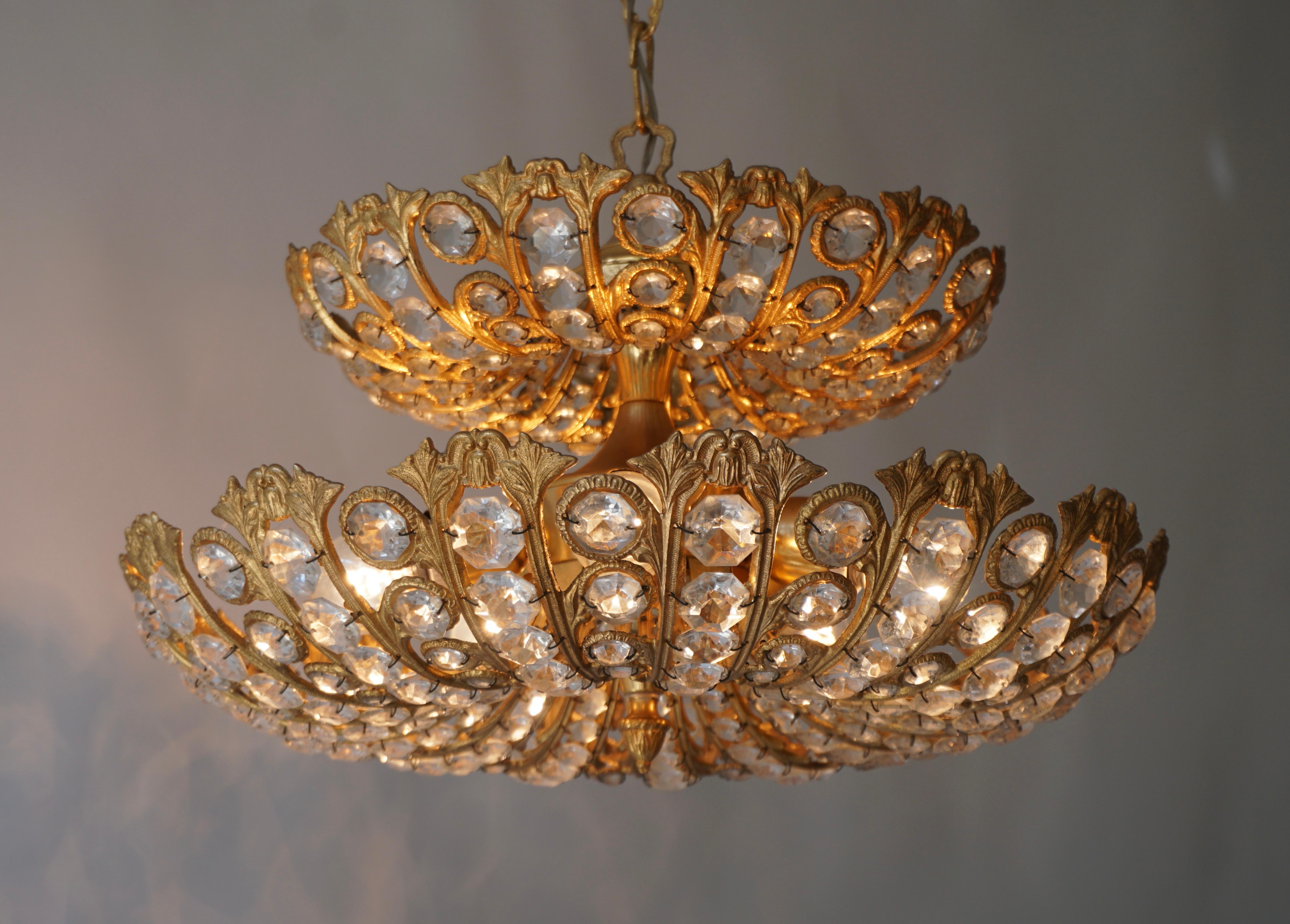 Spanish Brass and Crystal Chandelier by Ernest Palm for Palwa, 1970s For Sale 4