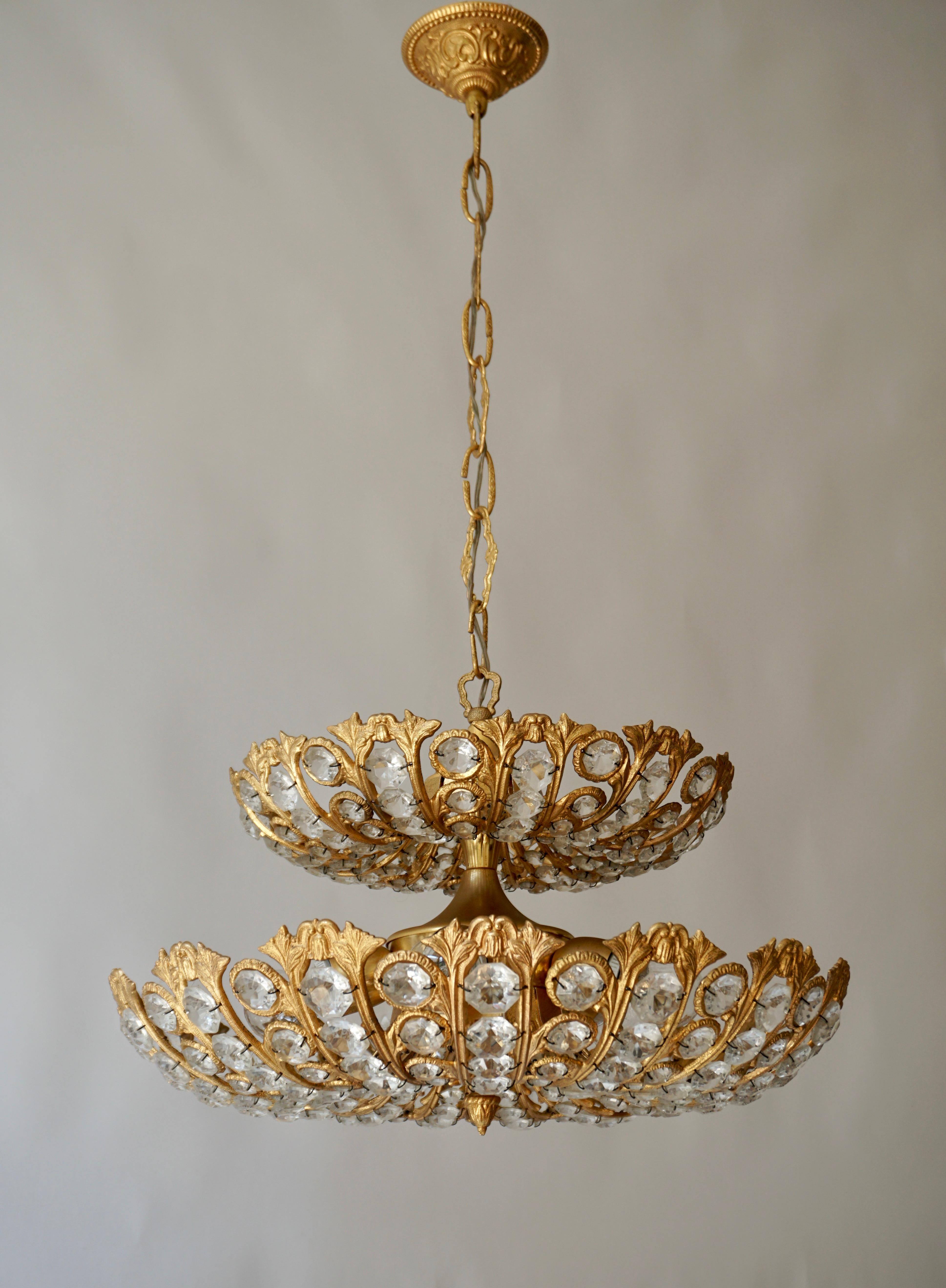 Hollywood Regency Spanish Brass and Crystal Chandelier by Ernest Palm for Palwa, 1970s For Sale