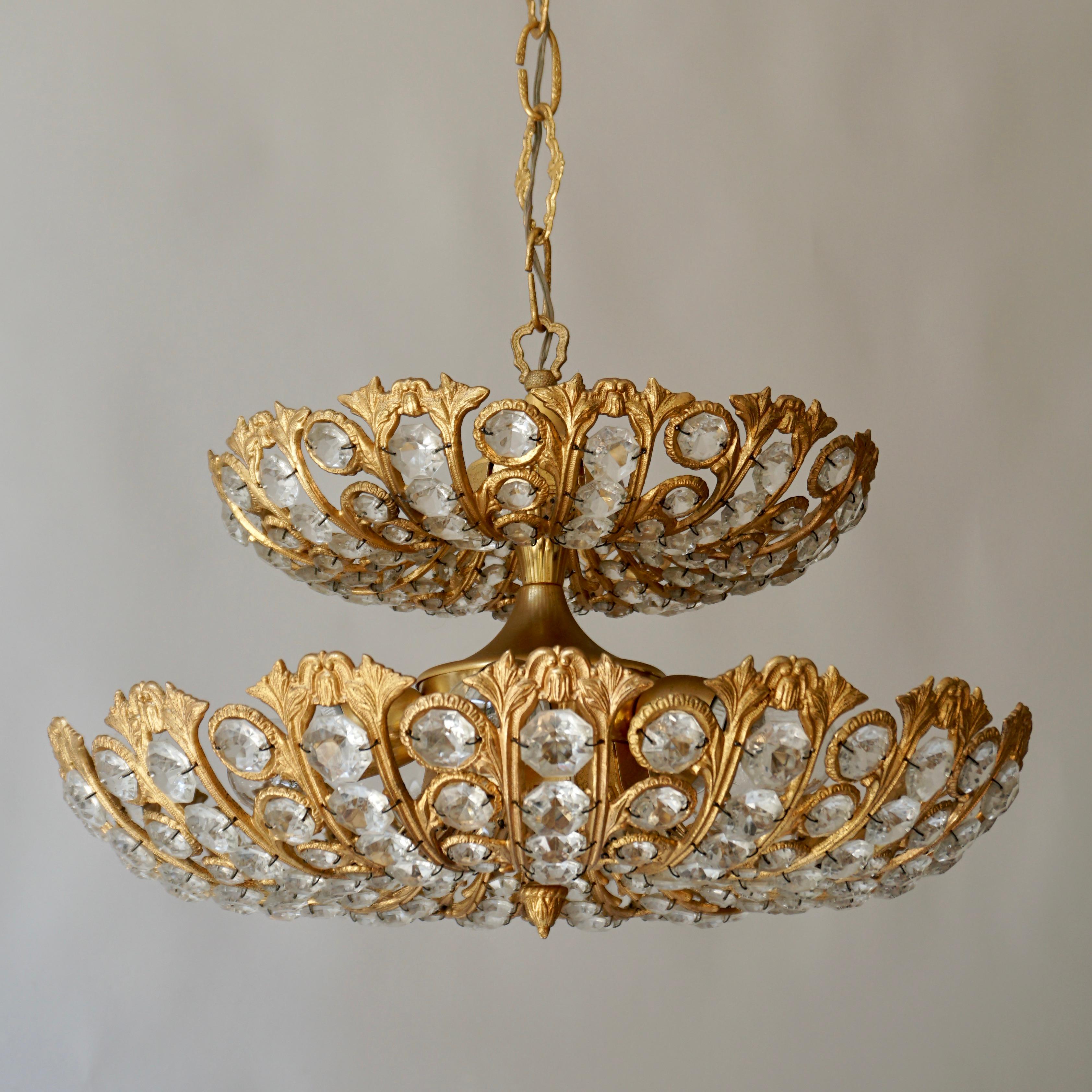 Italian Spanish Brass and Crystal Chandelier by Ernest Palm for Palwa, 1970s For Sale