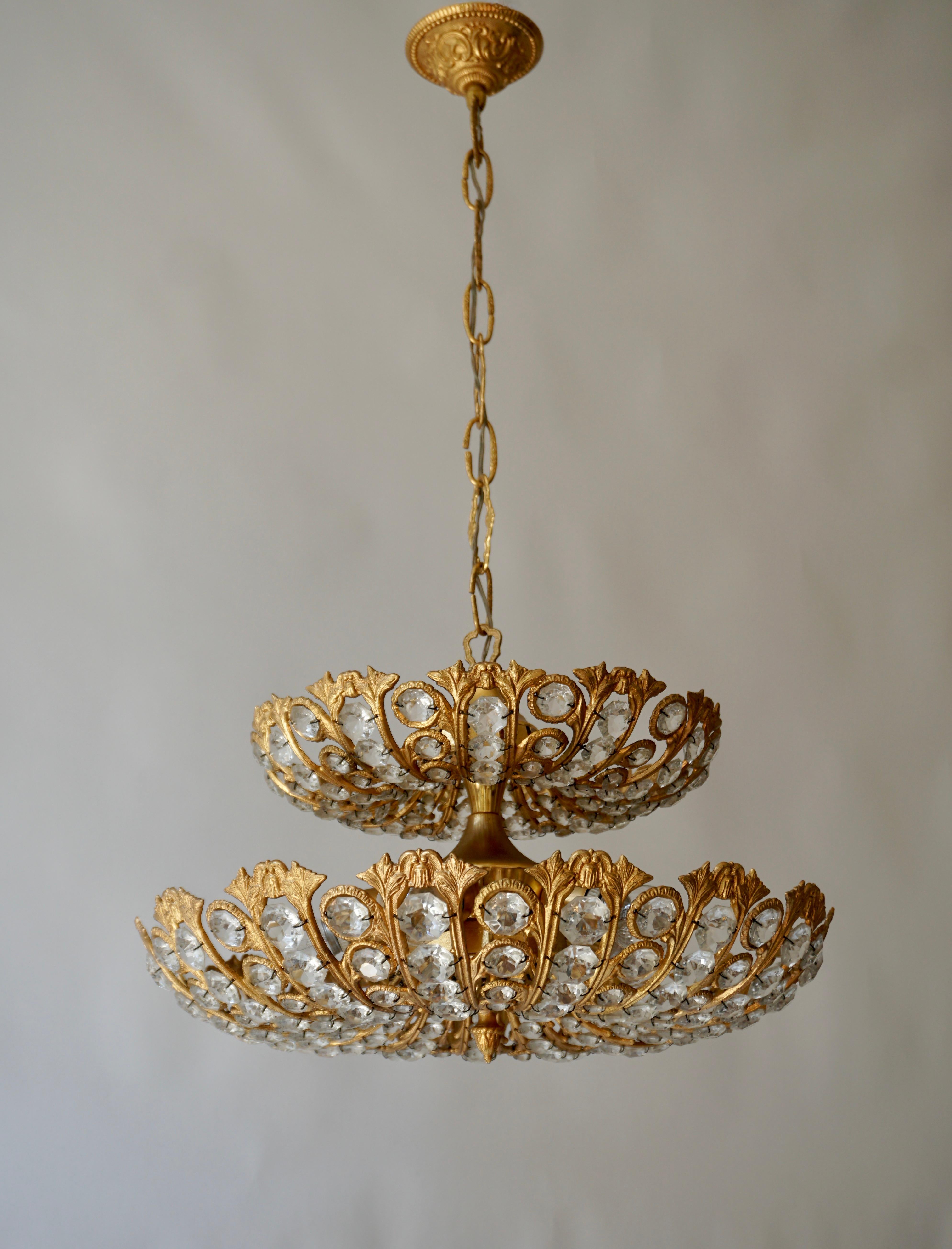 Gilt Spanish Brass and Crystal Chandelier by Ernest Palm for Palwa, 1970s For Sale