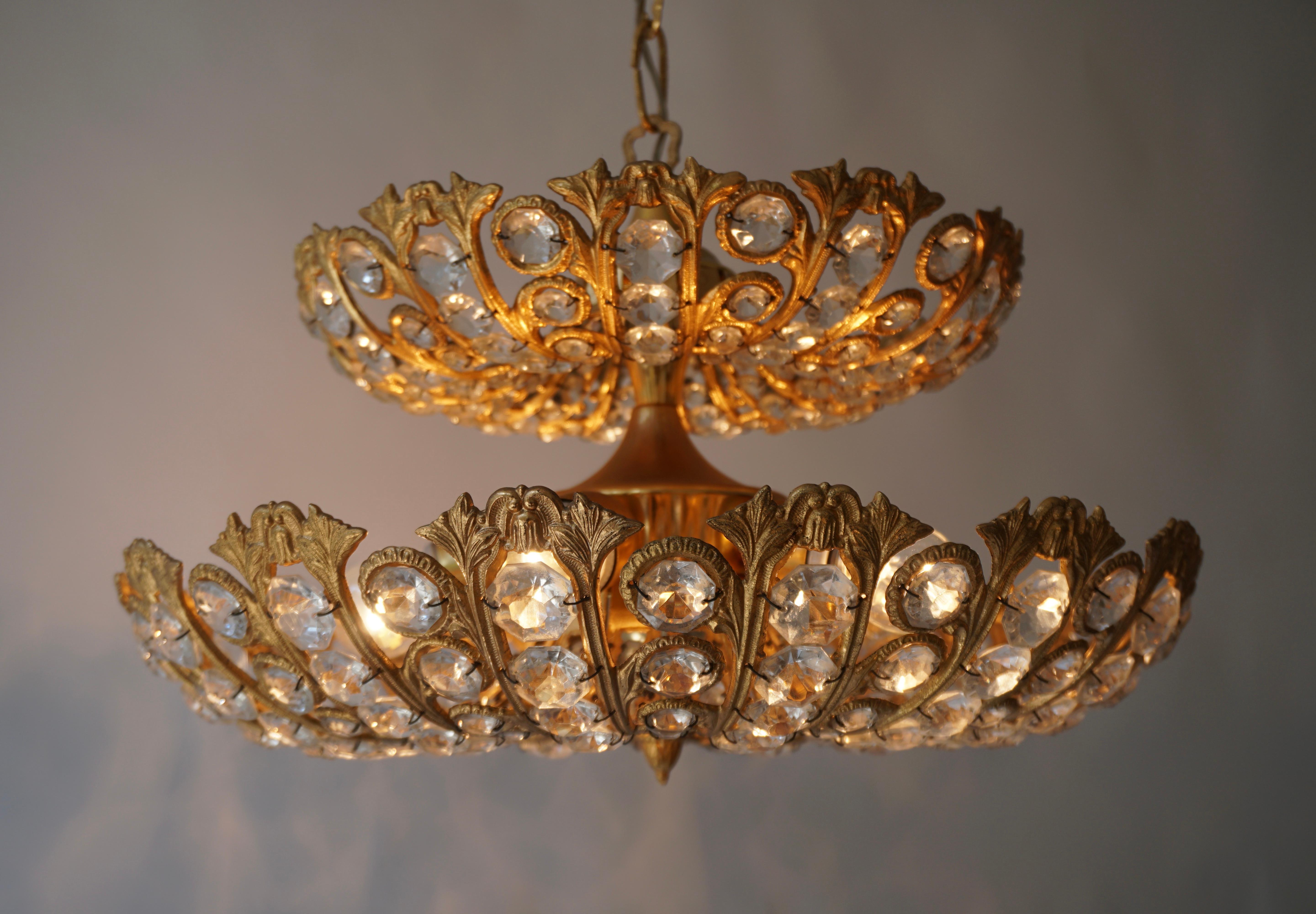 20th Century Spanish Brass and Crystal Chandelier by Ernest Palm for Palwa, 1970s For Sale