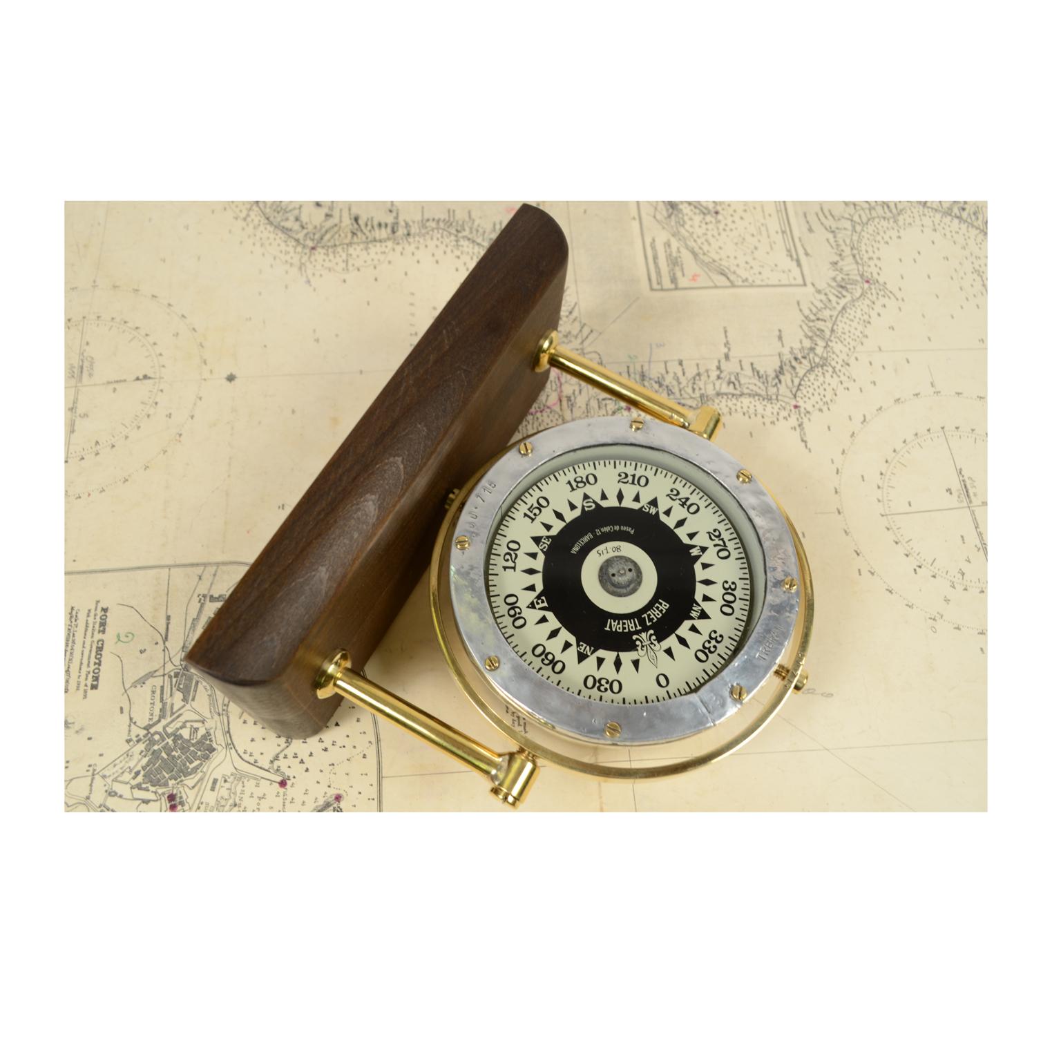 Mid-20th Century Spanish Brass Compass on Wooden Board, 1940s
