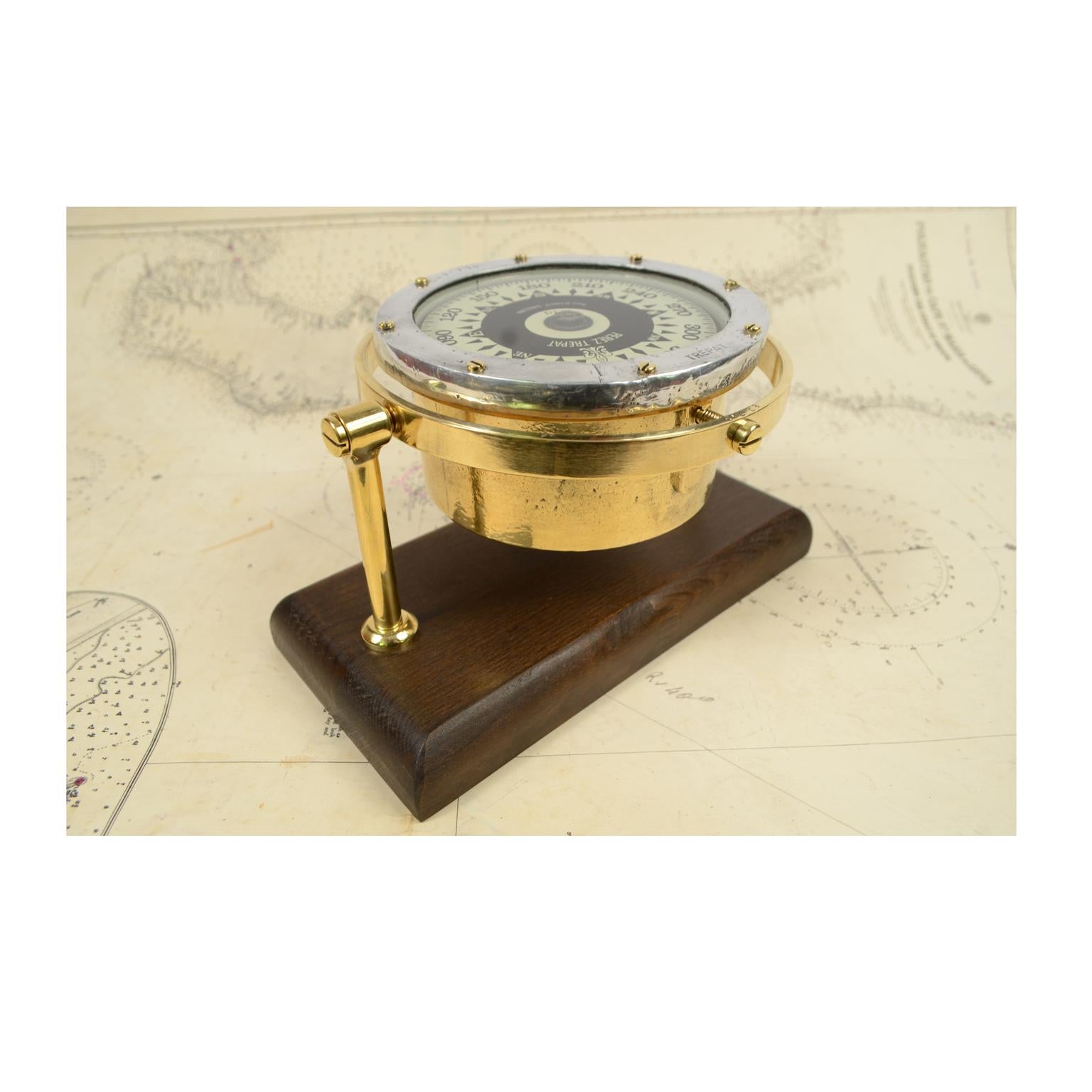Spanish Brass Compass on Wooden Board, 1940s 1